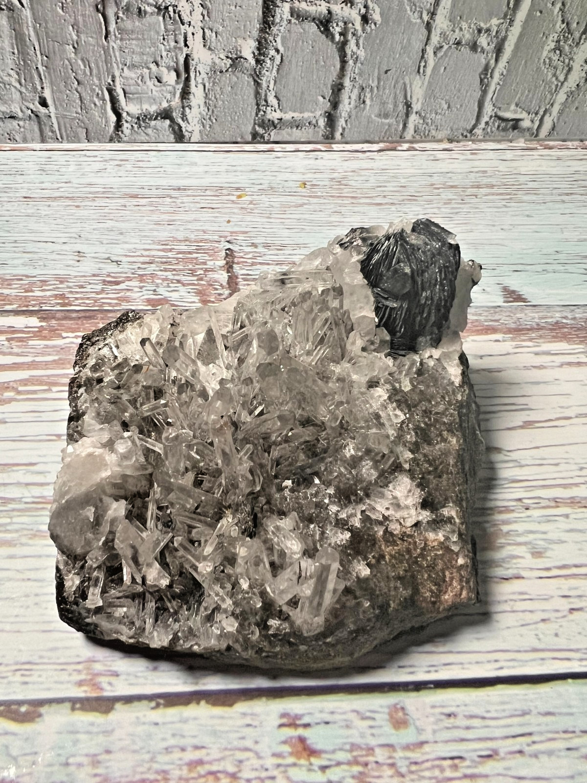 Specular Hematite with Quartz on Matrix – 584g – 2.1″ H x 4.1″ W
