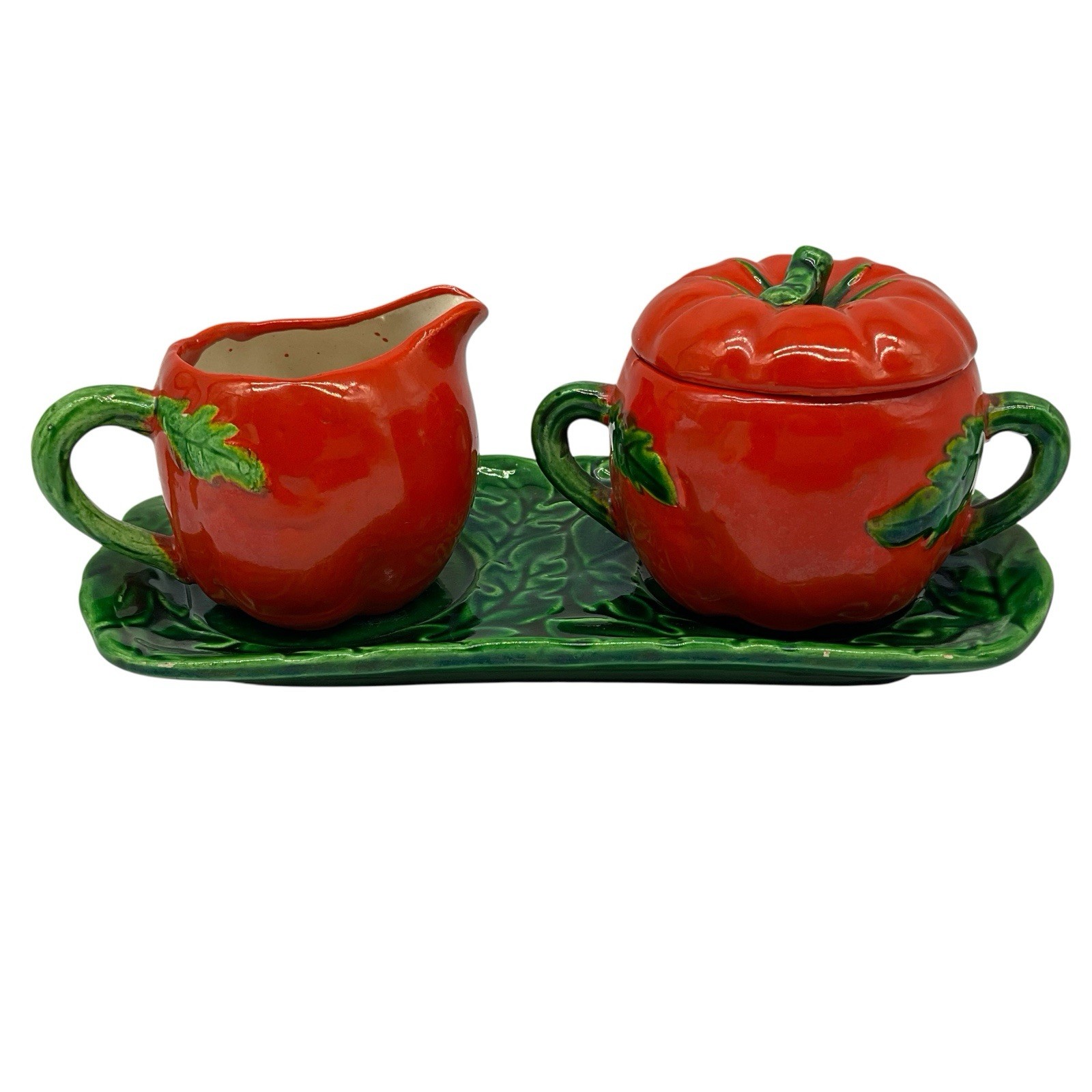 Tomato Creamer and Lidded Sugar Bowl with Tray Vintage 4 Piece Set MCM Collectib