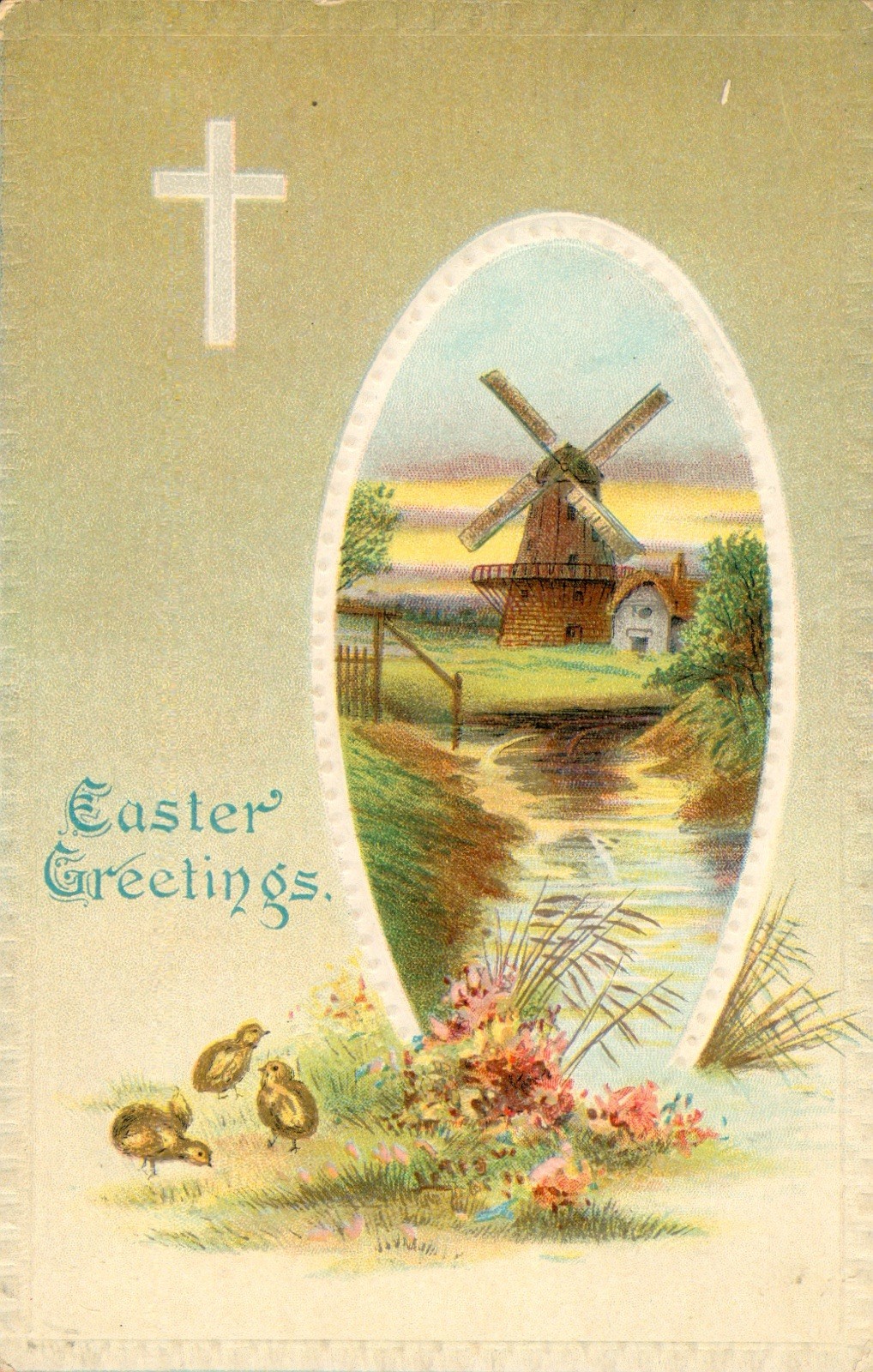 Easter Postcard Antique 1900-1919 Chicks Windmill Cross Religious Posted 1912. N