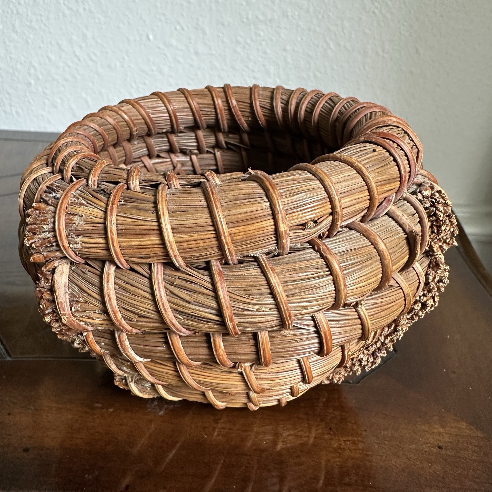 Vintage Handcrafted Coiled Brown Pine Needle Basket 4.25 Inch Knobby Textured