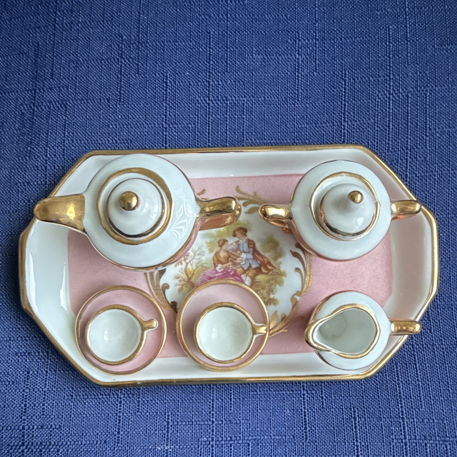 Limoges Mini Porcelain Tea Set Courting Couple Hand Painted Pink Gold 8pc