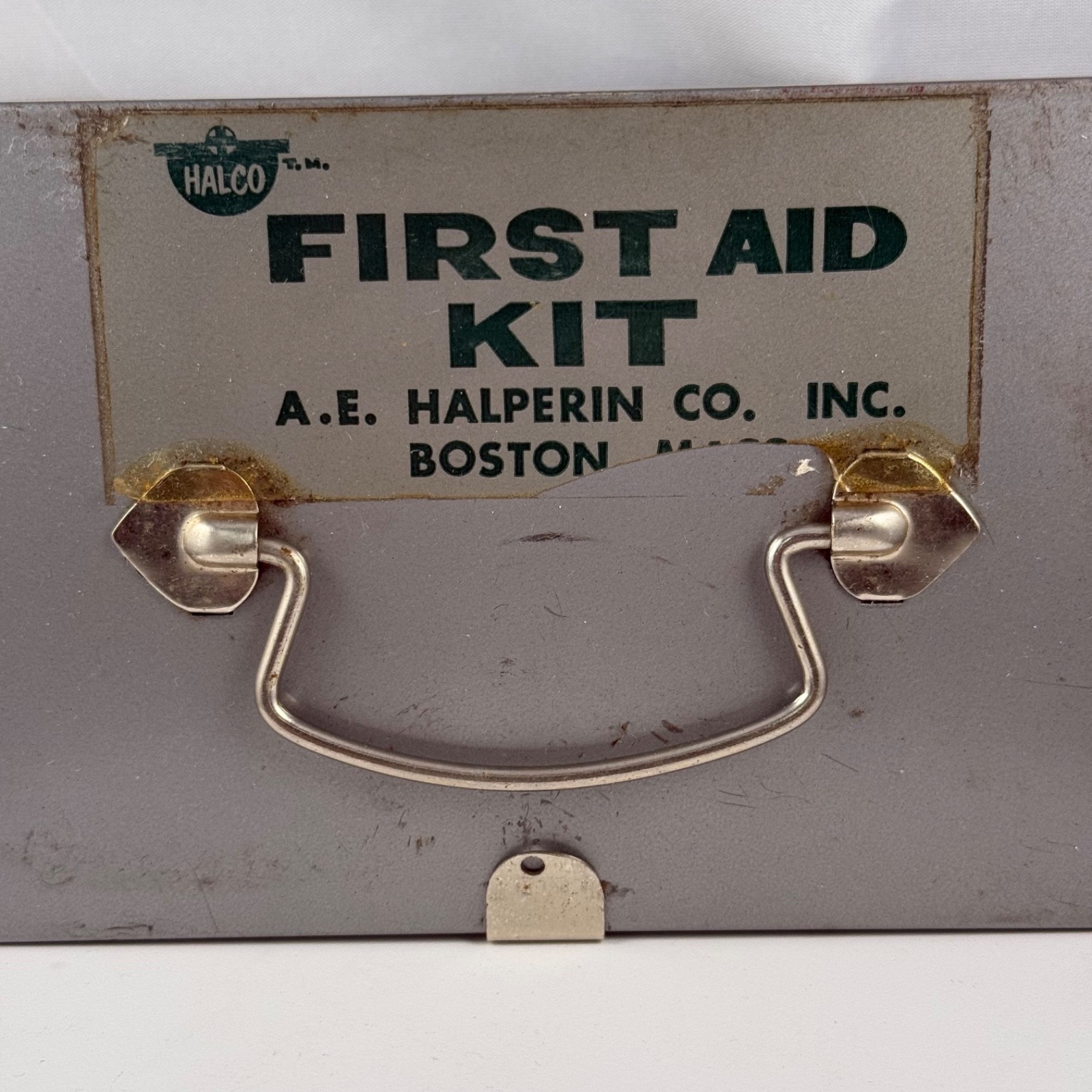 Vintage A.E. Halperin Halco Metal First Aid Kit w Supplies Conrail *See Details