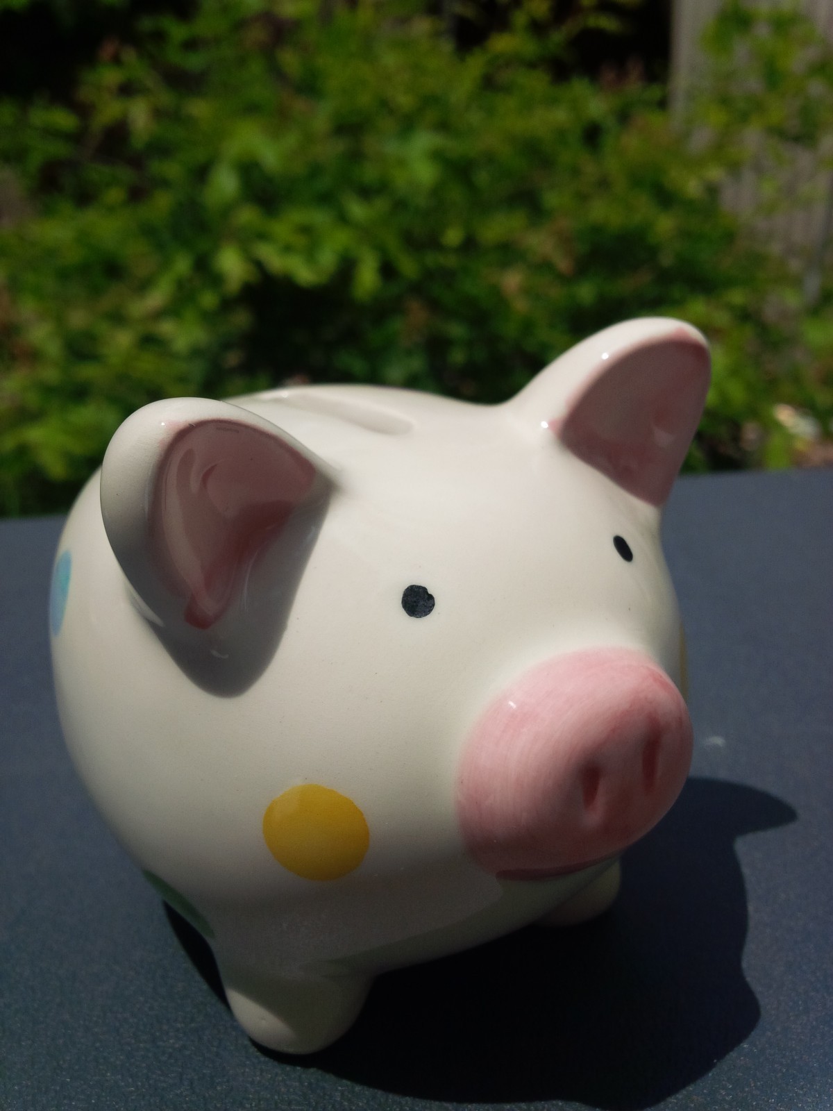 CERAMIC PIGGY BANK 4.5 INCHES PINK NOSE EARS OFF WHITE POLKA DOTS PURPLE BLUE YE
