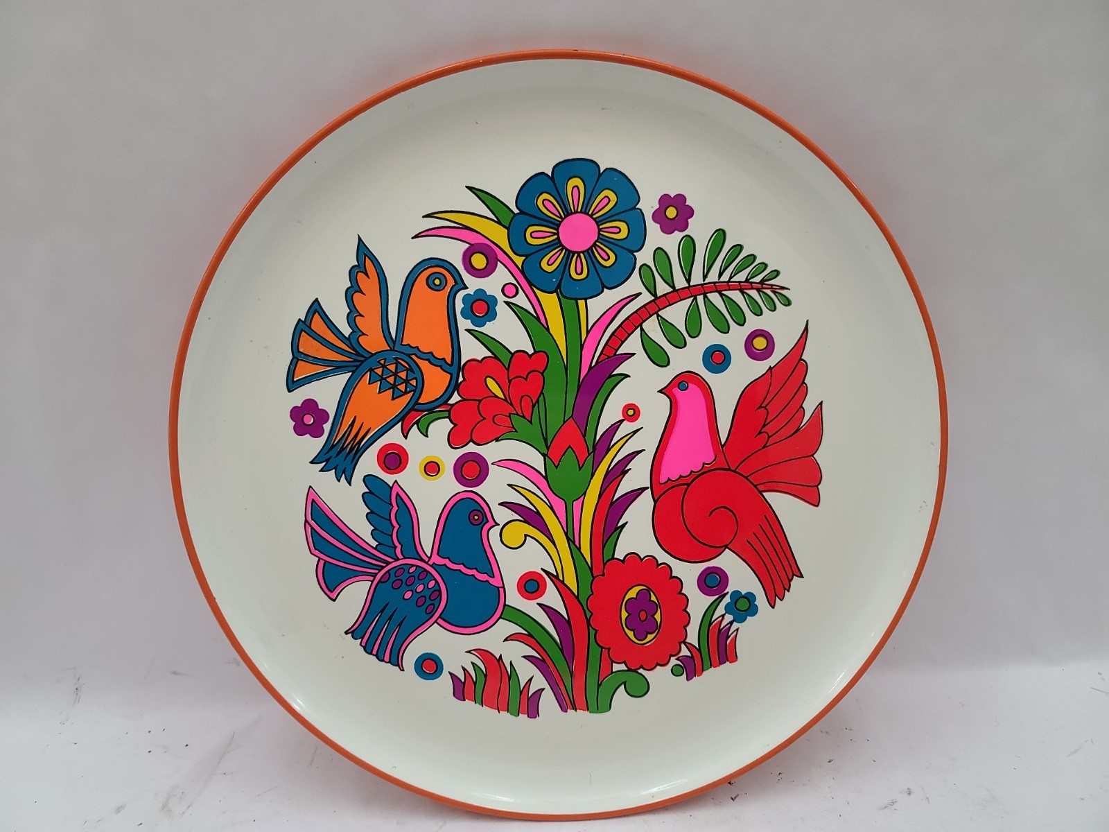 Vintage 13″ Melamine Serving Tray Retro Folk Art Birds & Floral Tree Unmarked