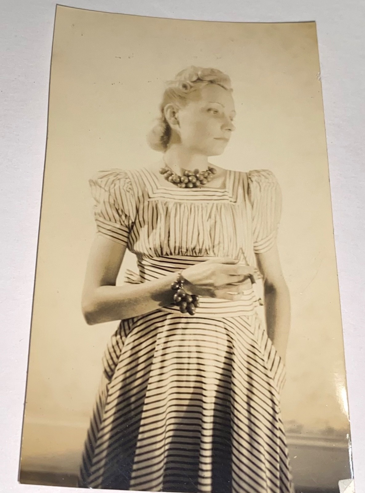 Rare Antique American Fashion Woman Stunning Striped Dress Snapshot Photo! 1941!