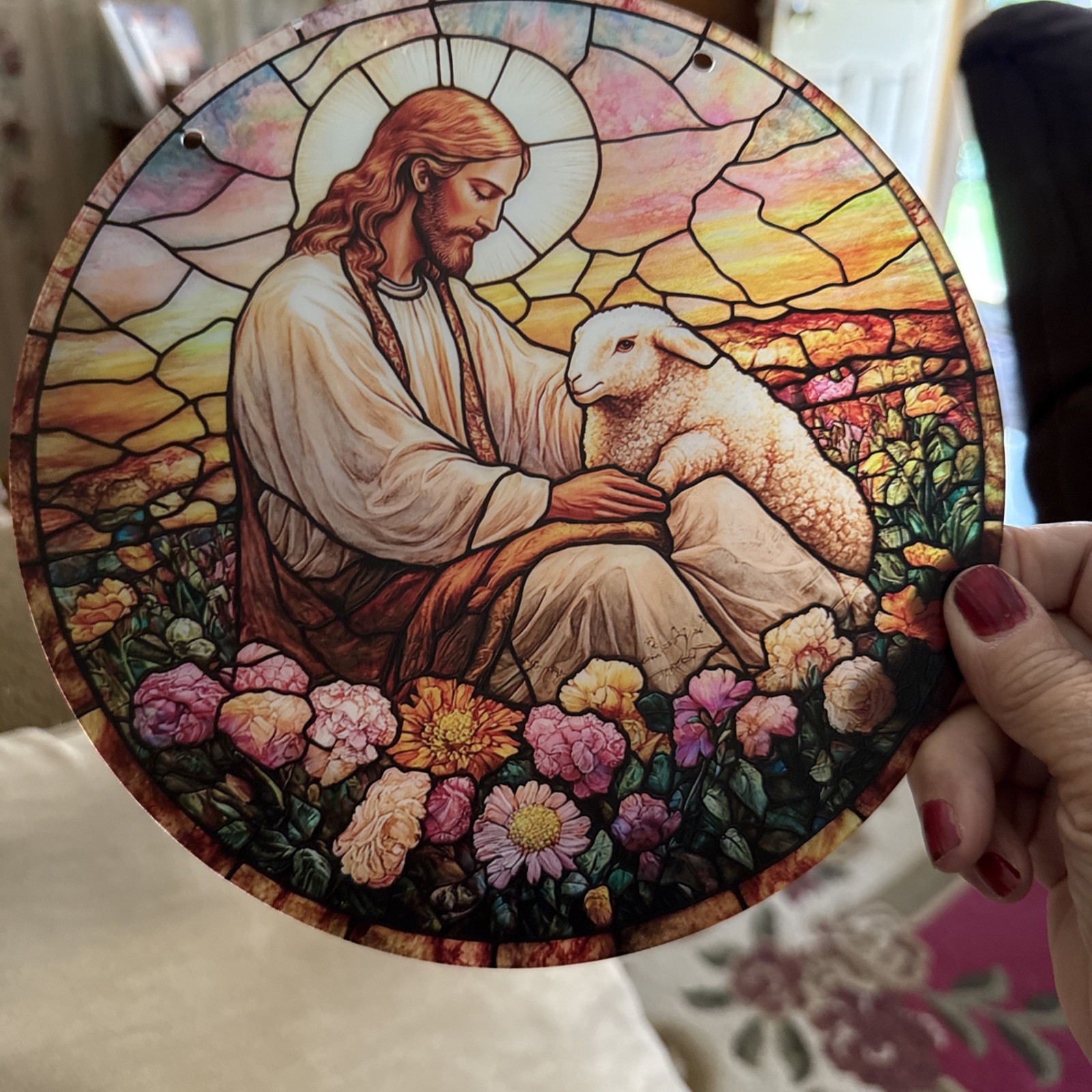 2D Round Flat Jesus With Lamb Stained Glass Sun catcher 7.9”x7.9”