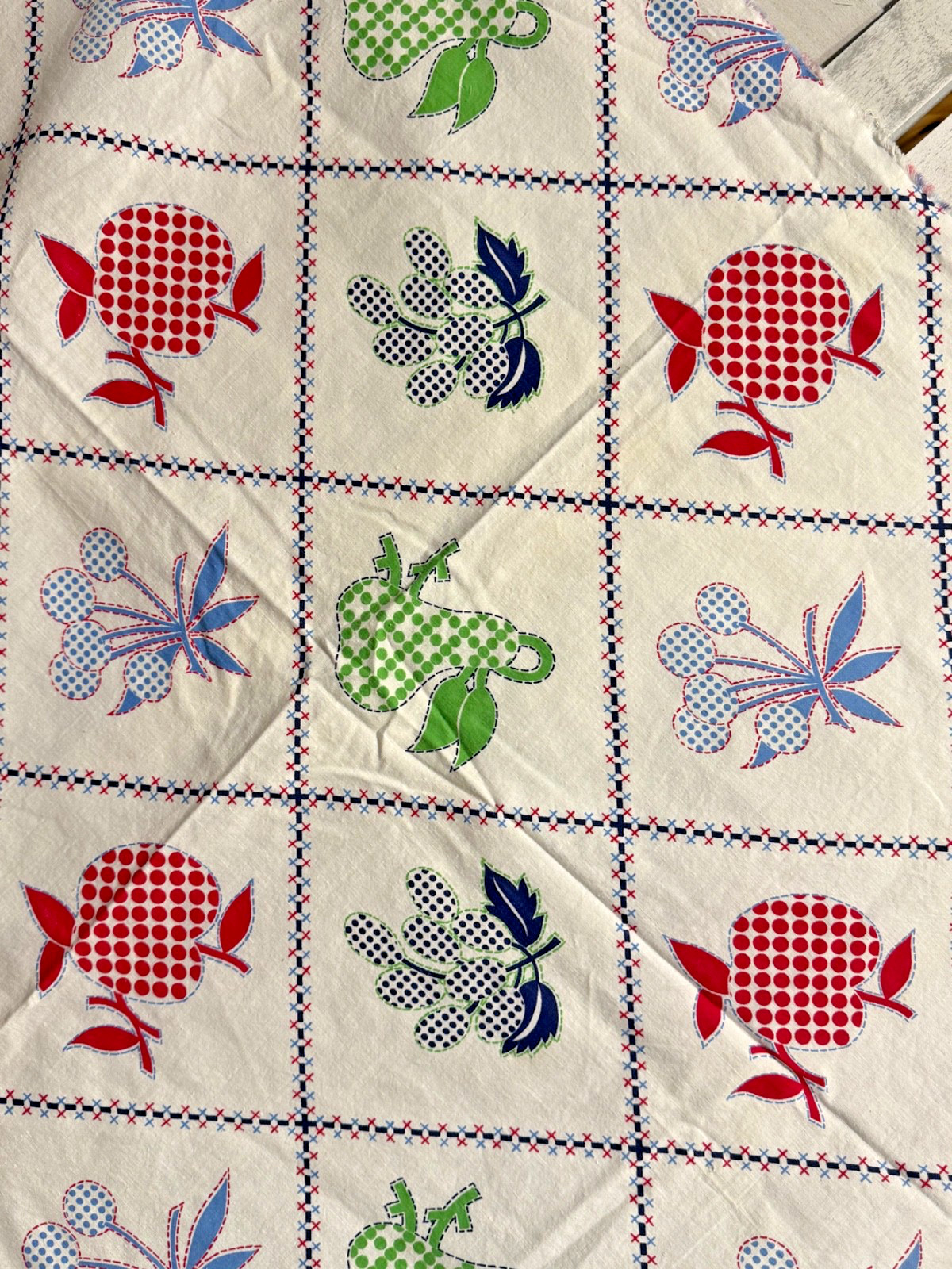 Vintage Flour Sack Fabric Fruit Squares Pattern 1930s 40s Antique 35” x 25”