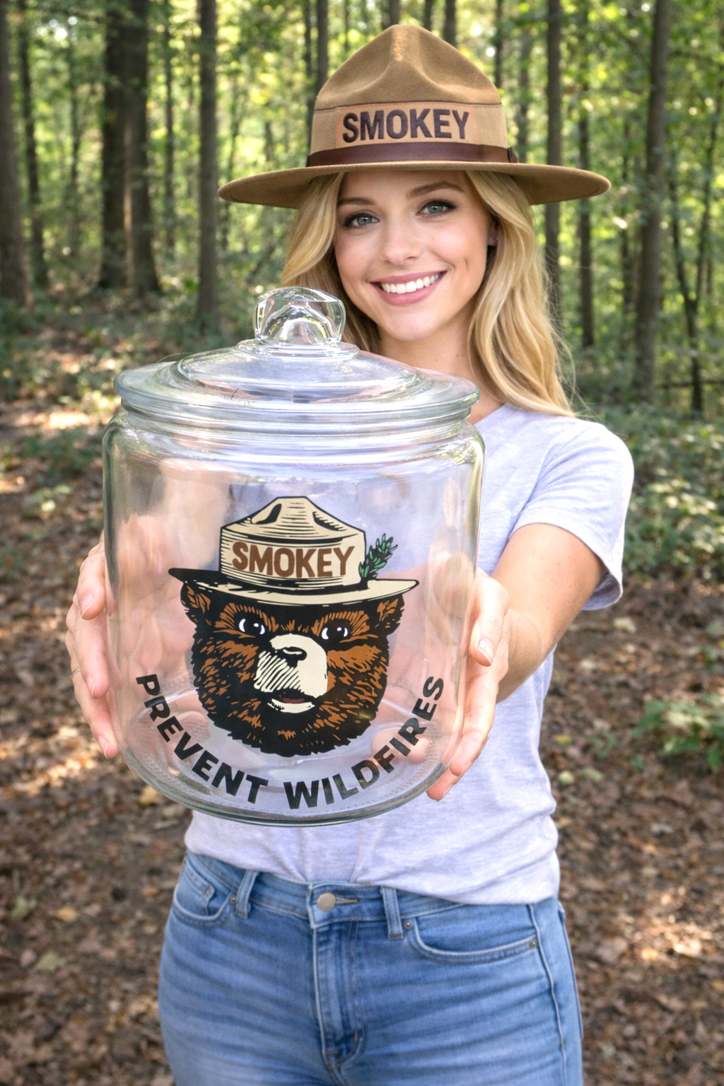 SMOKEY THE BEAR Prevent Wildfires Glass Counter Top Snack Canister Jar