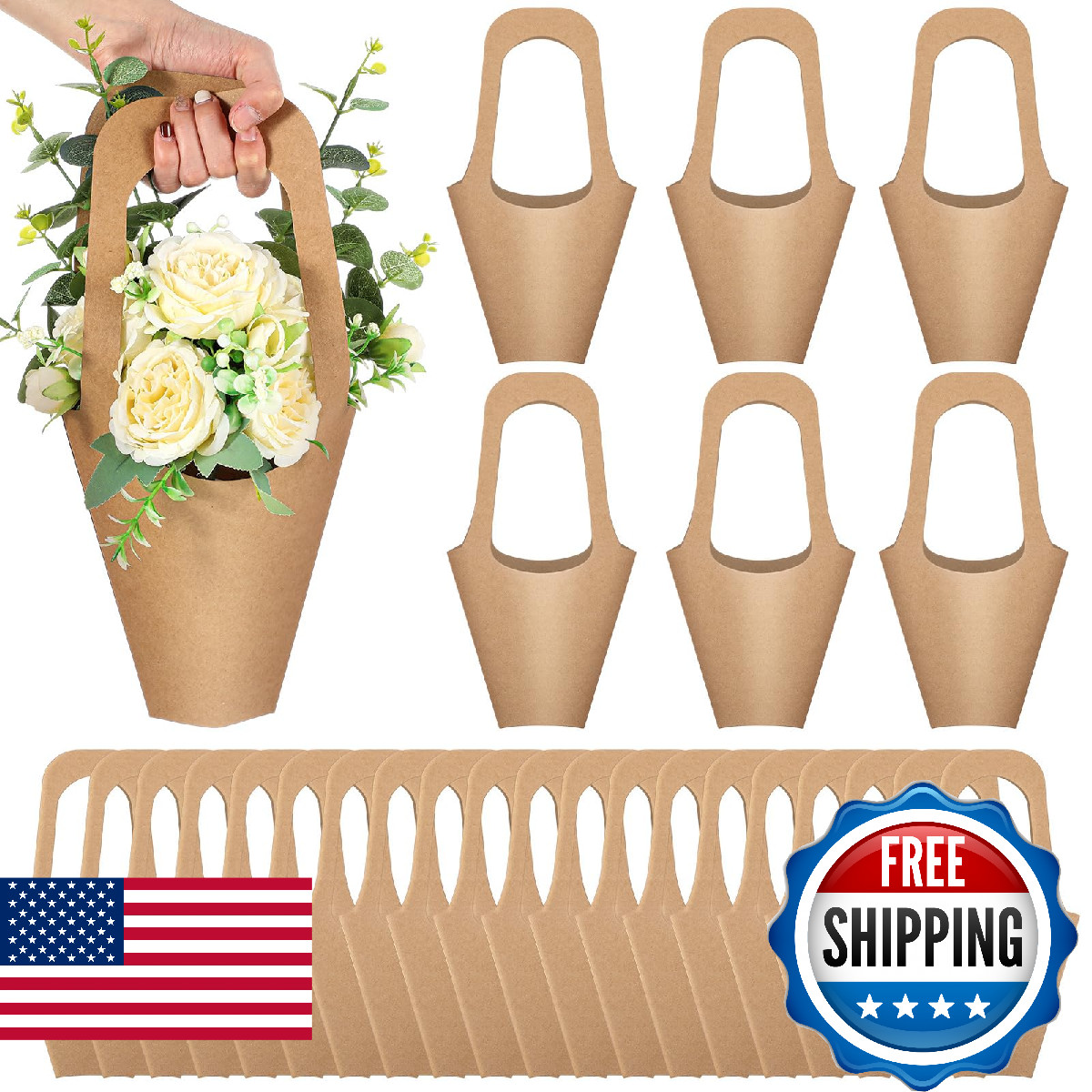 Gilprop 150 Packs Kraft Paper Flowers Gift Bags with Handle Flowers Bouquet Hold