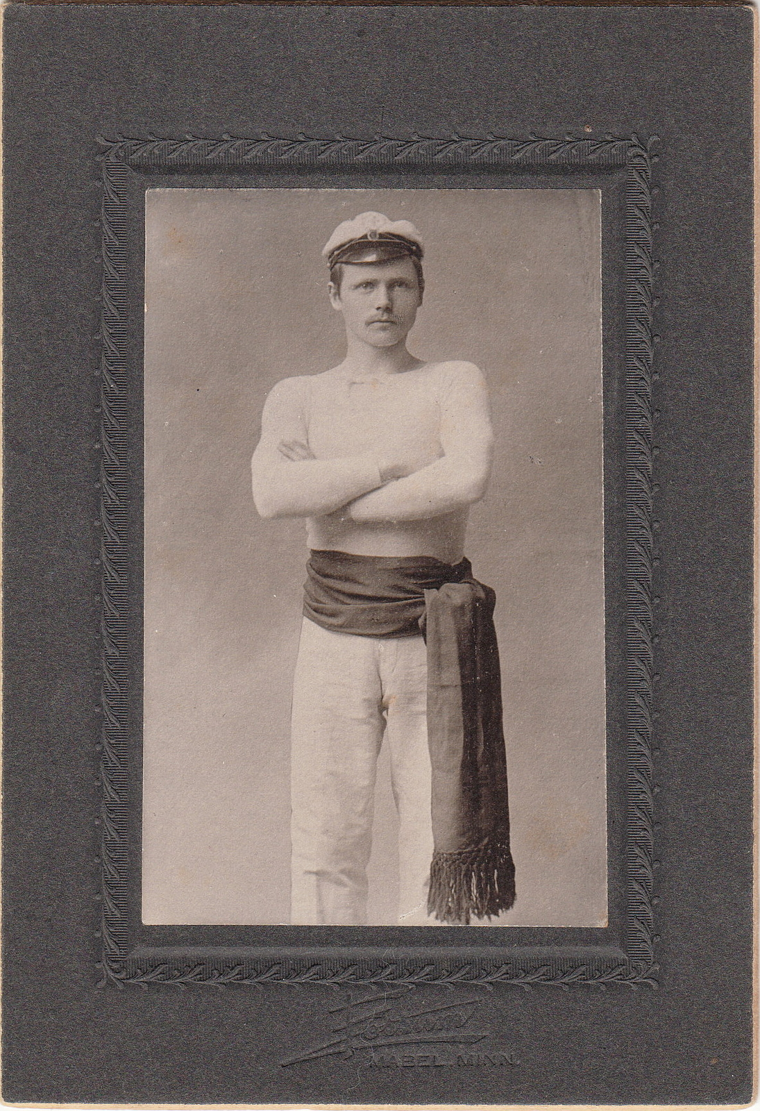 BUFFED GUY ~ SAILOR STYLE CAP ~ WHITE UNIFORM W / SASH~MABEL MINNESOTA~c.- 1900