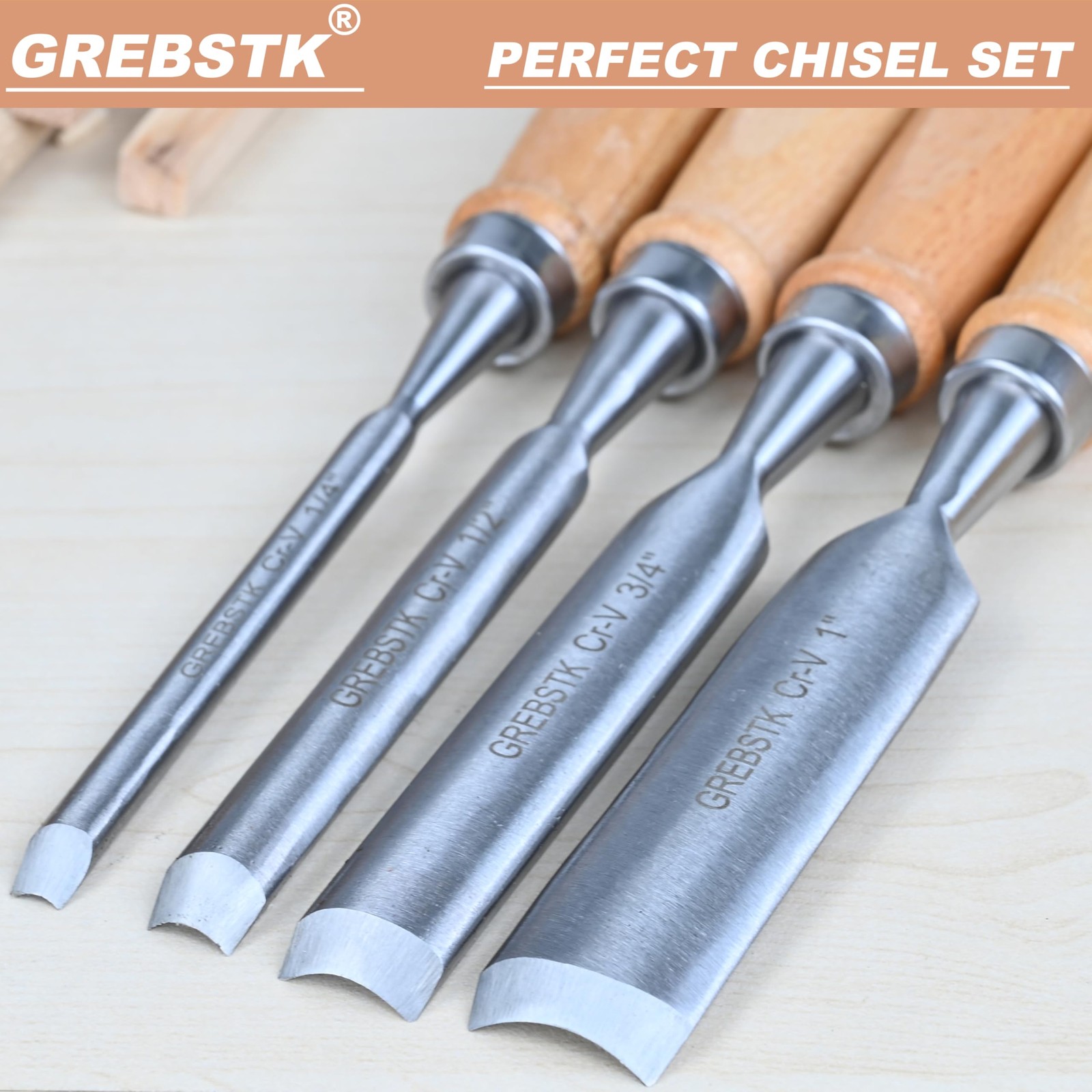 GREBSTK 4pcs Semicircle Chisel Set Carpenter Gouge Chrome Vanadium Steel Semi-Ci