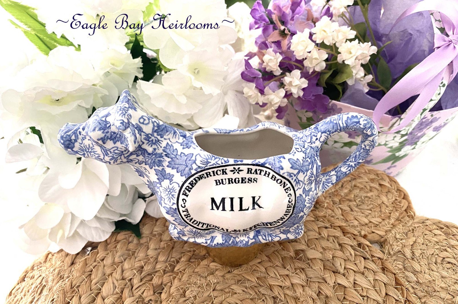 Cream Pitcher/Milk Jug: Cow Creamer Blue Chintz Frederick Rathbone Burgess ENG