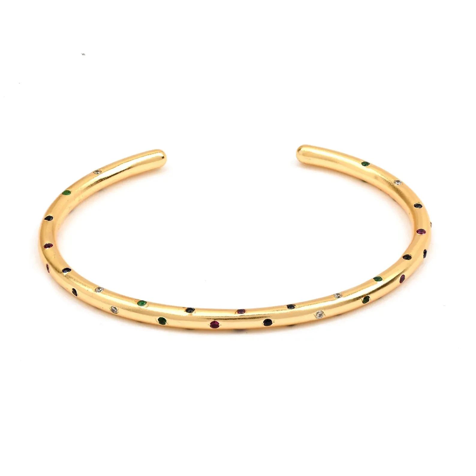 Multi-Gemstone Open Cuff Design Bangle Bracelet in 18K Yellow Gold Over 7.5″ Her