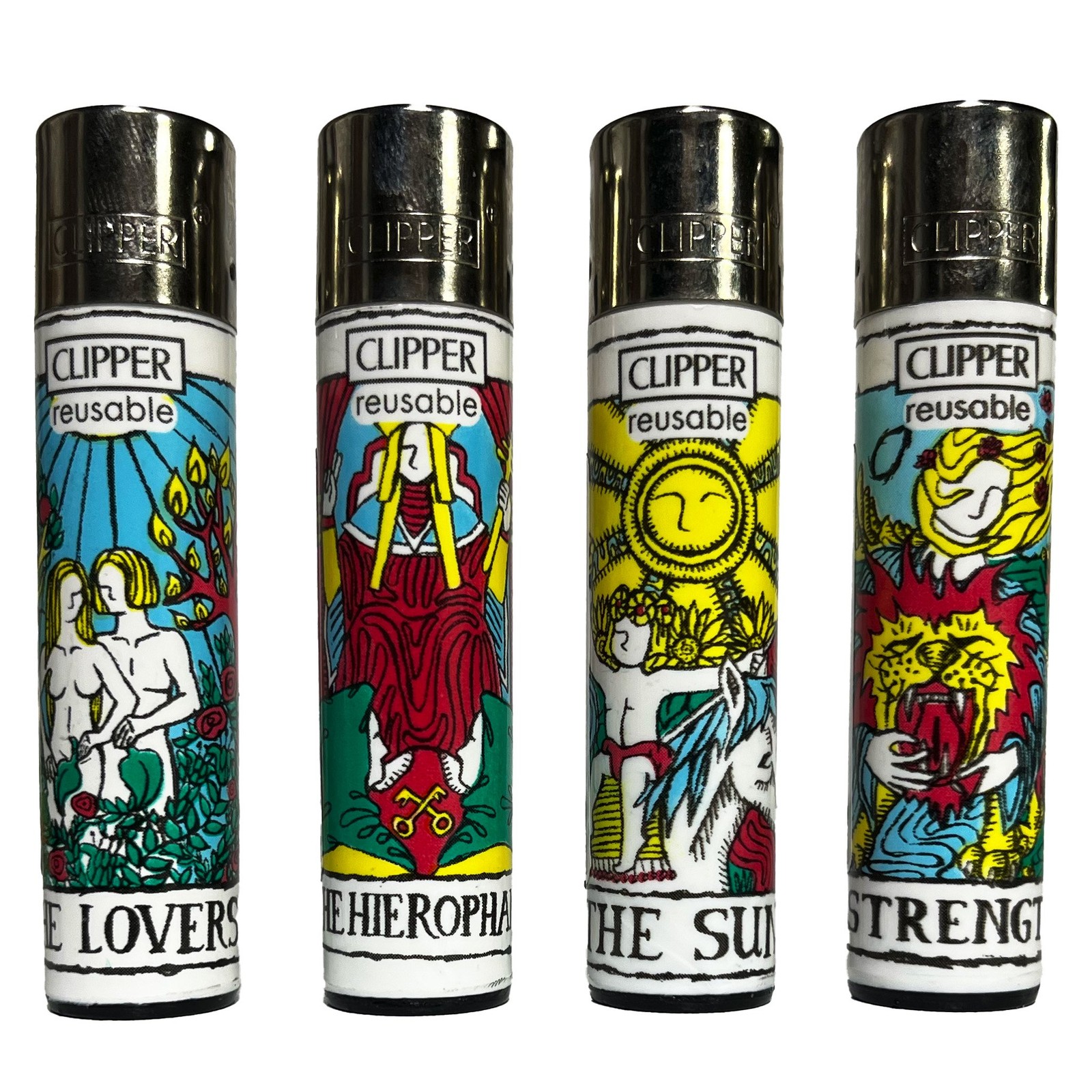 Clipper Reusable Lighters – 4 Pack – Tarot (Sun, Lovers, Hierophant, Strength)