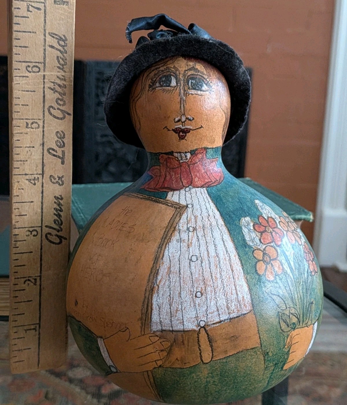 Folk Art Gourd Karen Lee Spencer Style Hand Painted Vtg 90s Sculpture Portrait