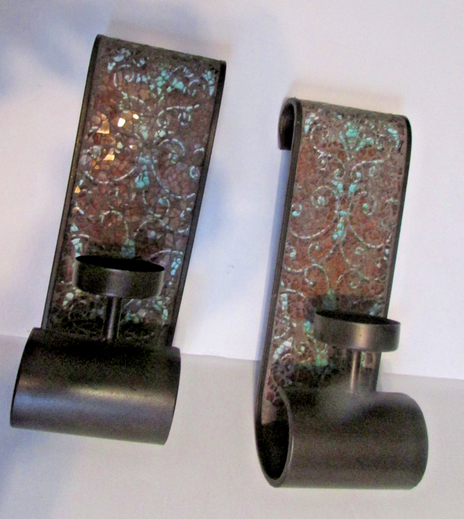 Set ELEMENTS Mosaic Crackle Metal Brown Scroll Wall Candle Sconce 10″ x 3.5″
