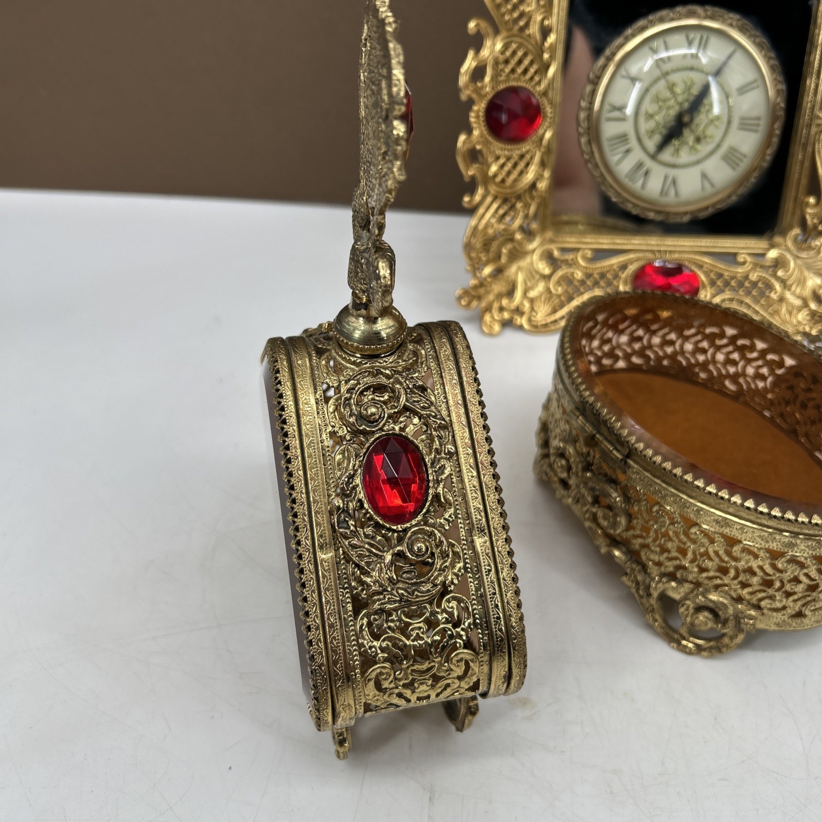 VTG Hollywood Regency Gold Ormolu Perfume Bottle Trinket Clock Filigree Vanity