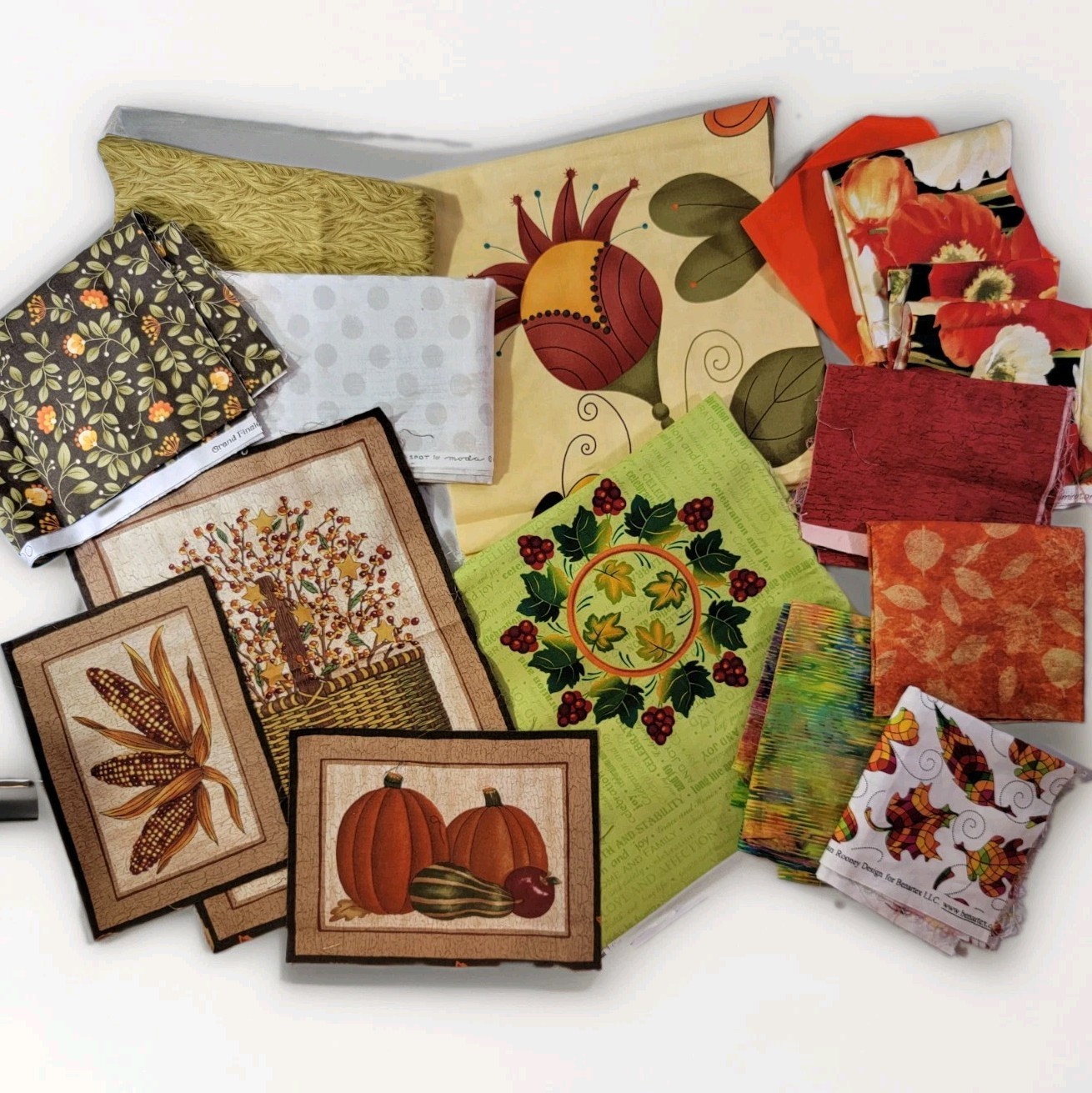 Vintage Quilt Fabric Lot – Art Panel + Yds + Fat Qtrs Fall Floral Leaves Orange+