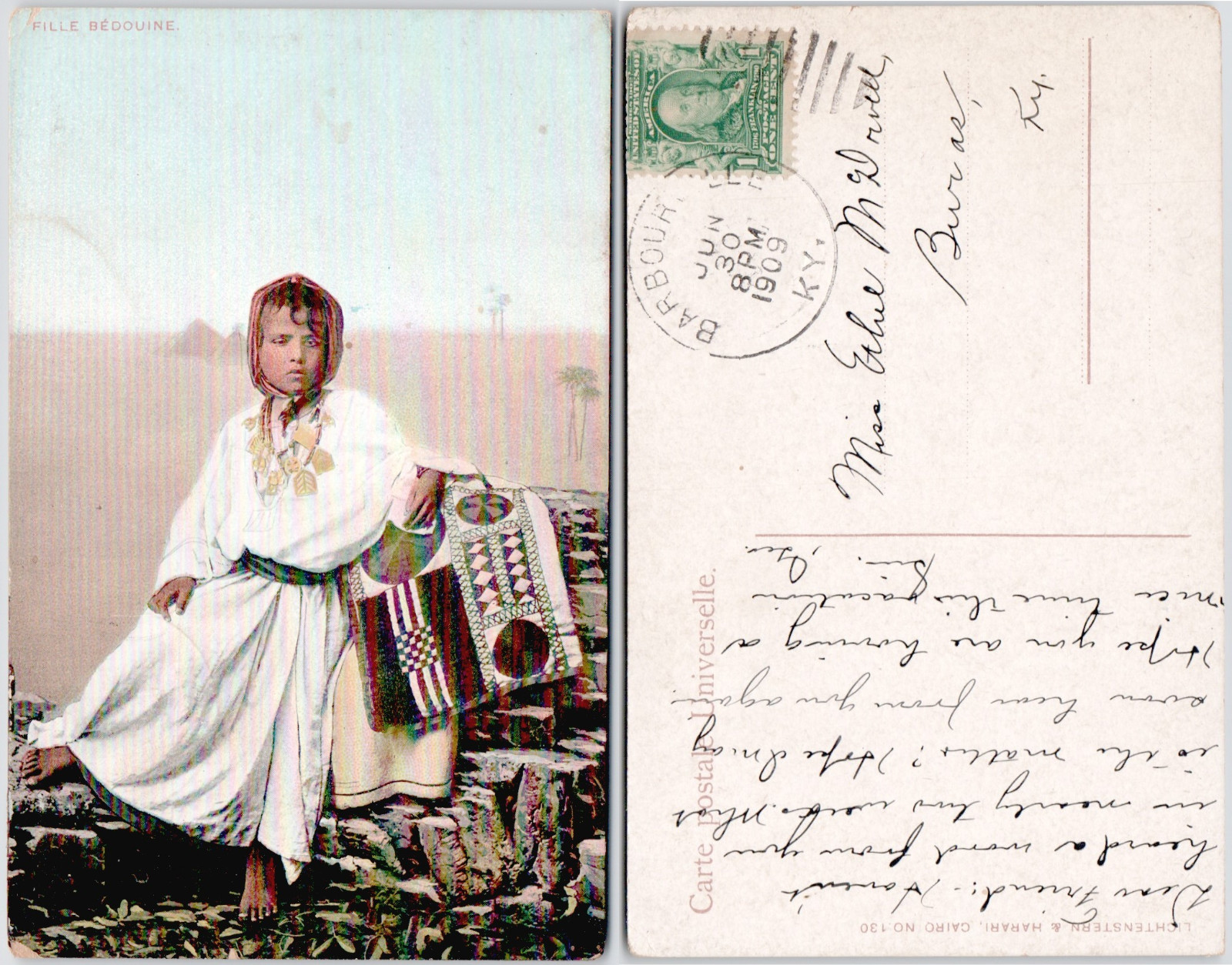 Egypt 1909 Bedouin Girl Costume Pyramids Desert Barbourville Kentucky Postcard