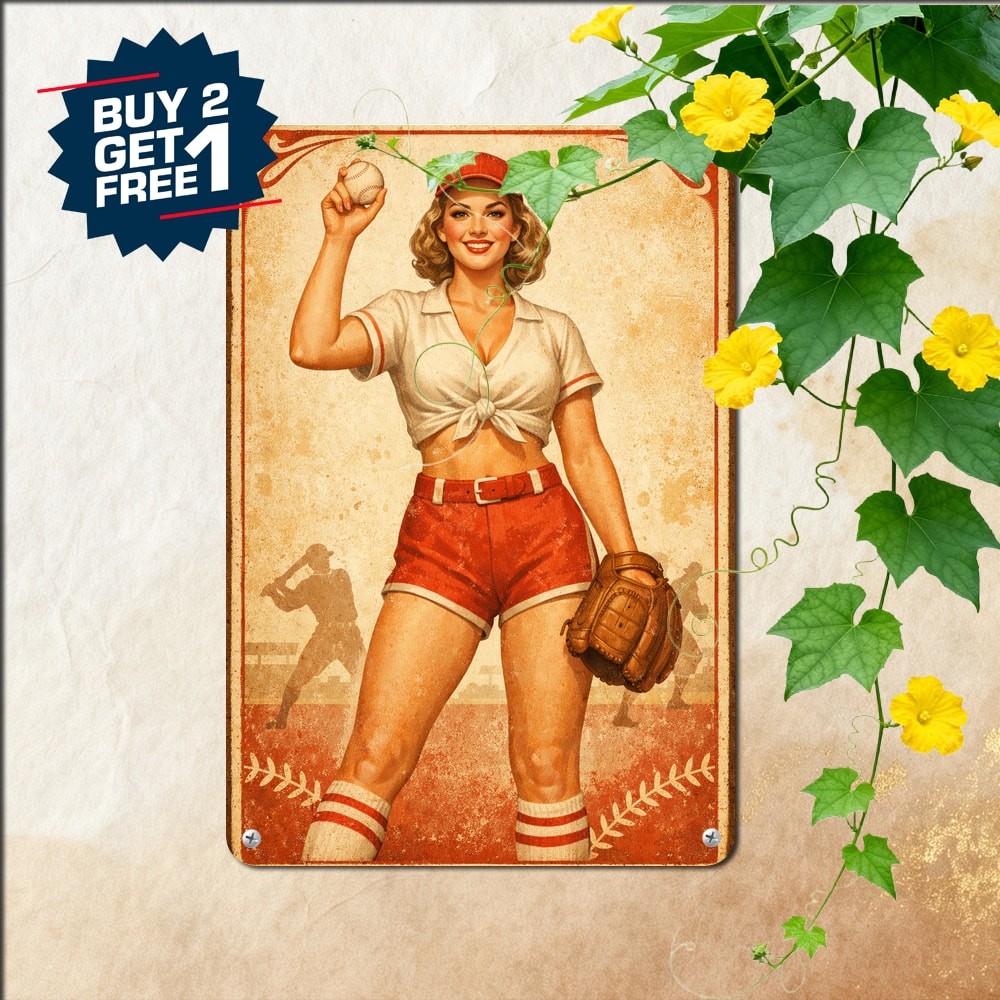 Retro Sporty Baseball Pinup Girl Tin Sign Sexy Athlete Softball Wall Decor