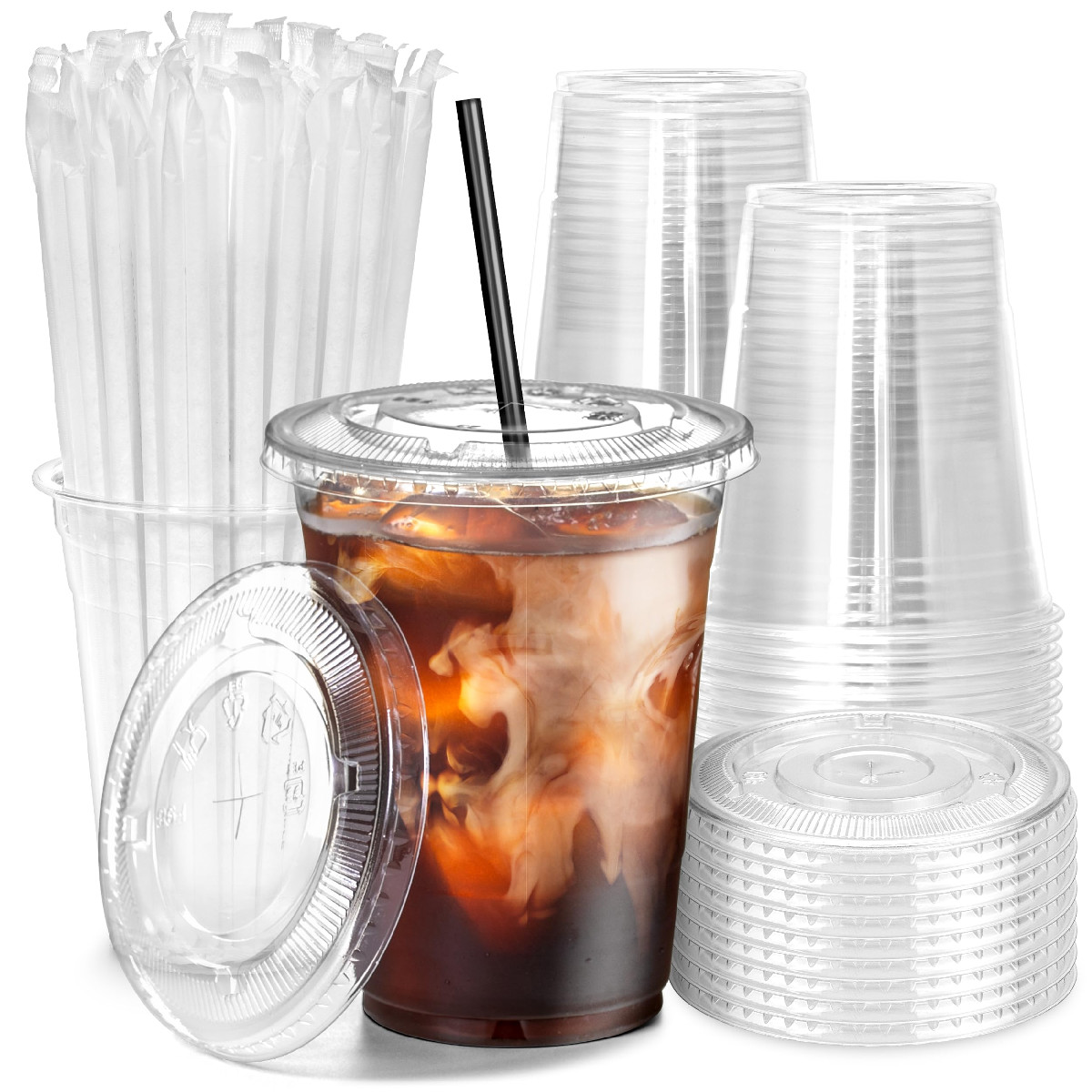 Fit Meal Prep 100 Pack 16 Oz Plastic Iced Coffee Cups Flat Lids And Black