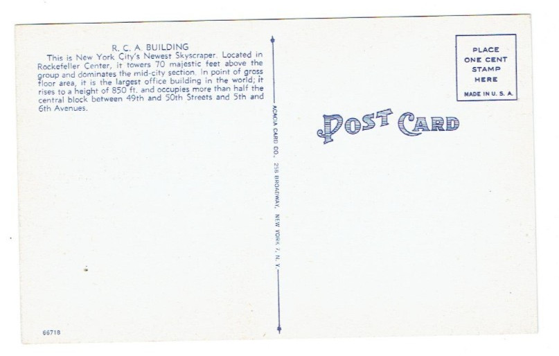 R.C.A. Building New York City NY Linen Postcard NYC Rockefeller Center Unposted