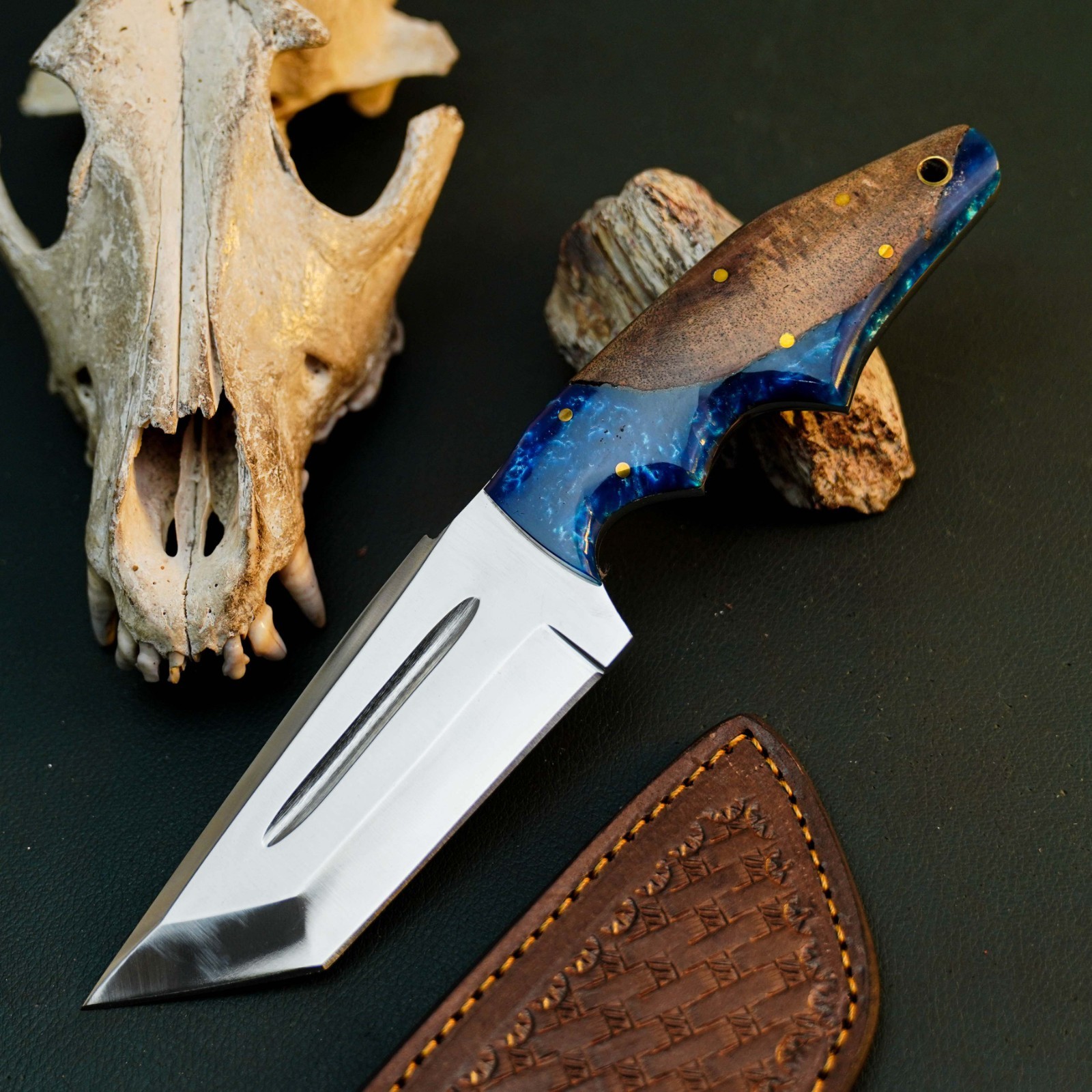 8.8″ D2 Tactical Camp Knife Full Tang Resin Handle Fixed Blade Leather Sheath