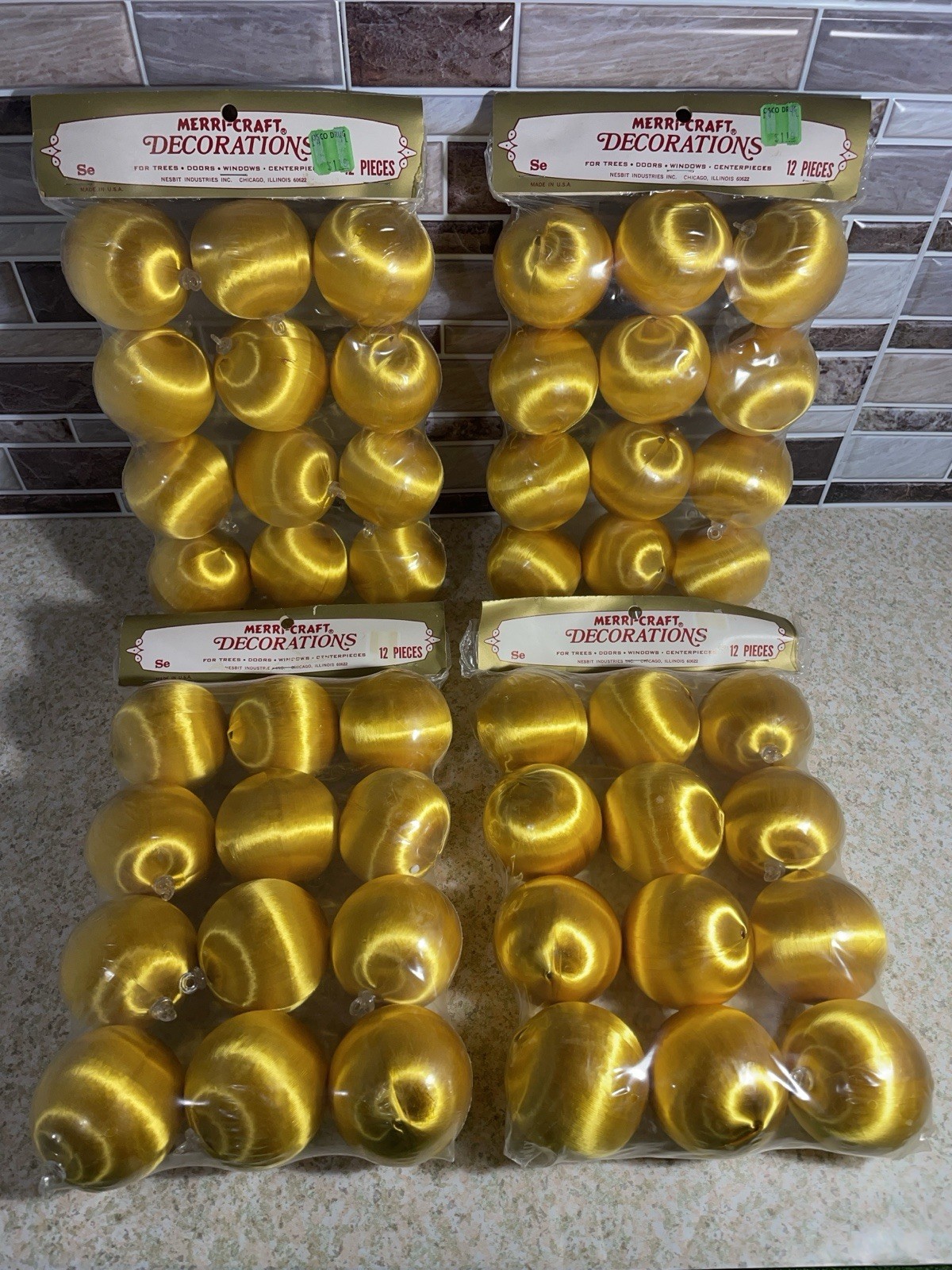 12 Vintage Satin Christmas Ornaments Gold 2″ Merri-Craft USA New