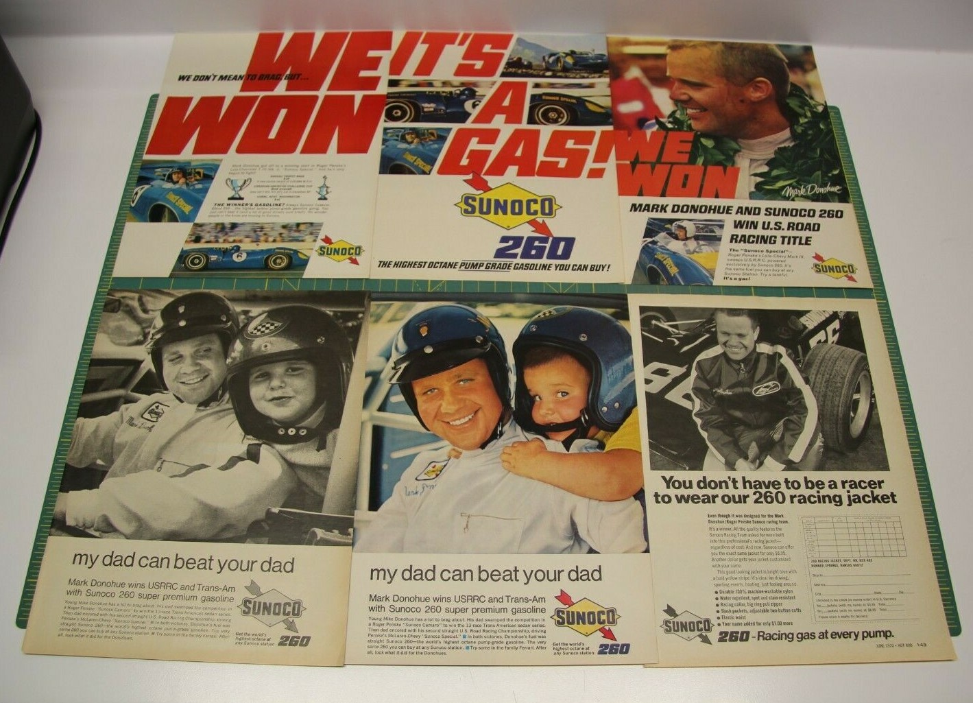 1967-70 Sunoco 260 Racing Fuel Magazine 6 Ad Lot Mark Donohue Trans Am Gasoline