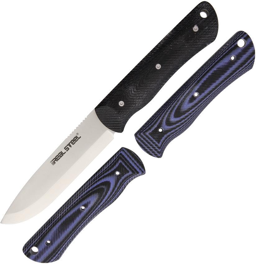 Real Steel Fixed Knife 4″ Scandi Grind Blade Black & Blue Set Handles 3715