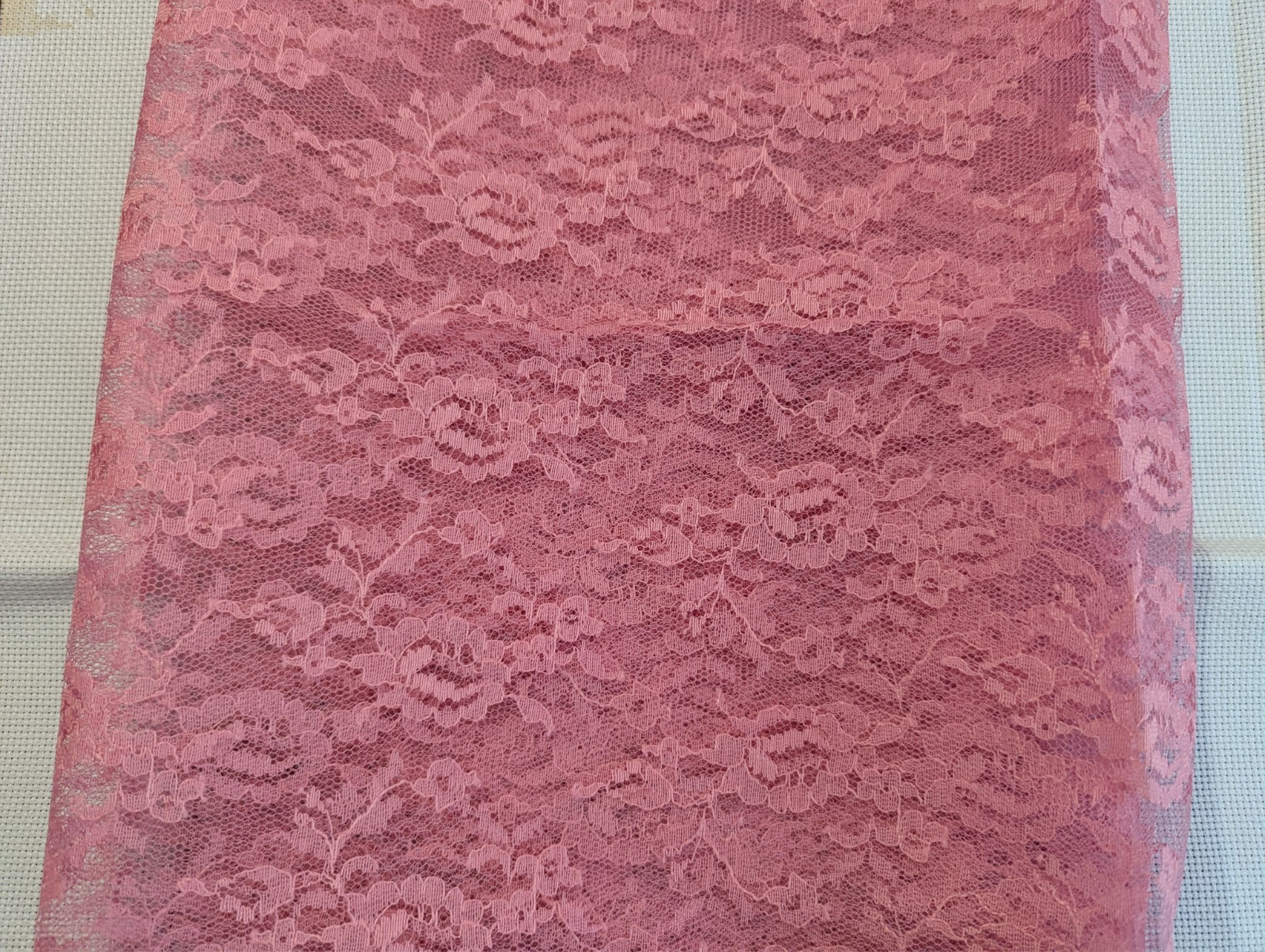1 Yd+6″/43″ 100%Polyester VTG/USA Floral Lace in Rose-Pink-scallop borders NEW