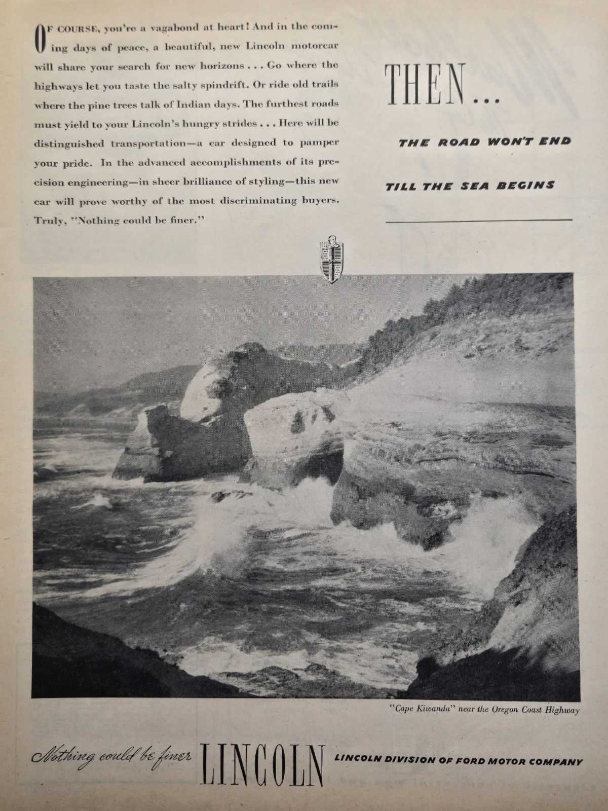 Licoln Peacetime Motoring Print Ad 1945 – Cape Kiwanda OR Vagabond at Heart