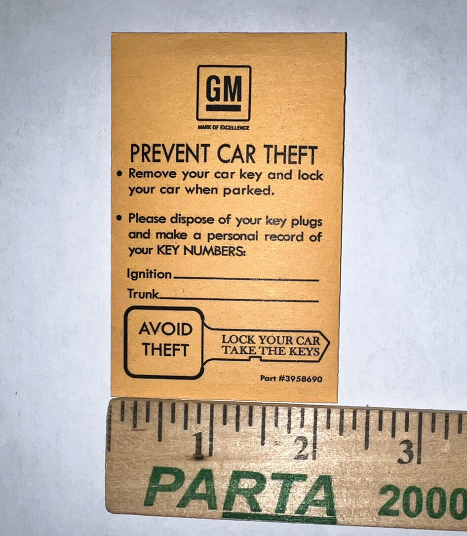 NEW 1969-1976 GM Key Envelope Prevent Car Theft Corvette Camaro Chevelle 3958690