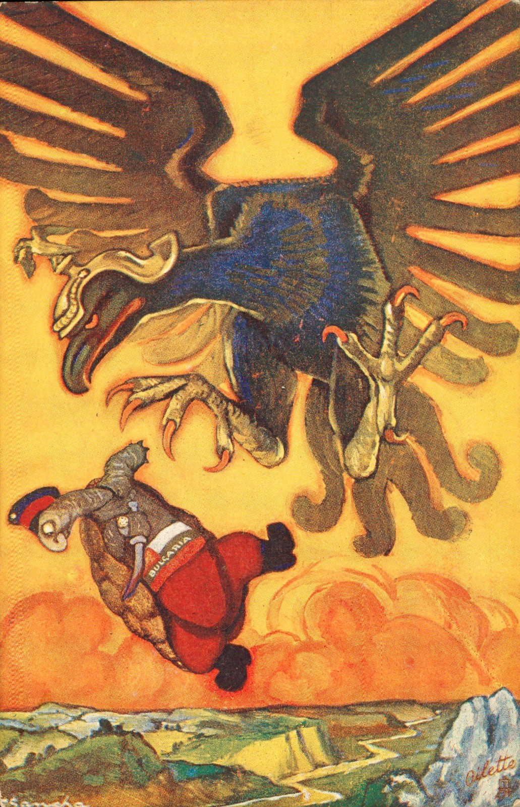 Propaganda Tortoise & Eagle Postcard 1917 Bulgaria dragged into WW1 by Germany N