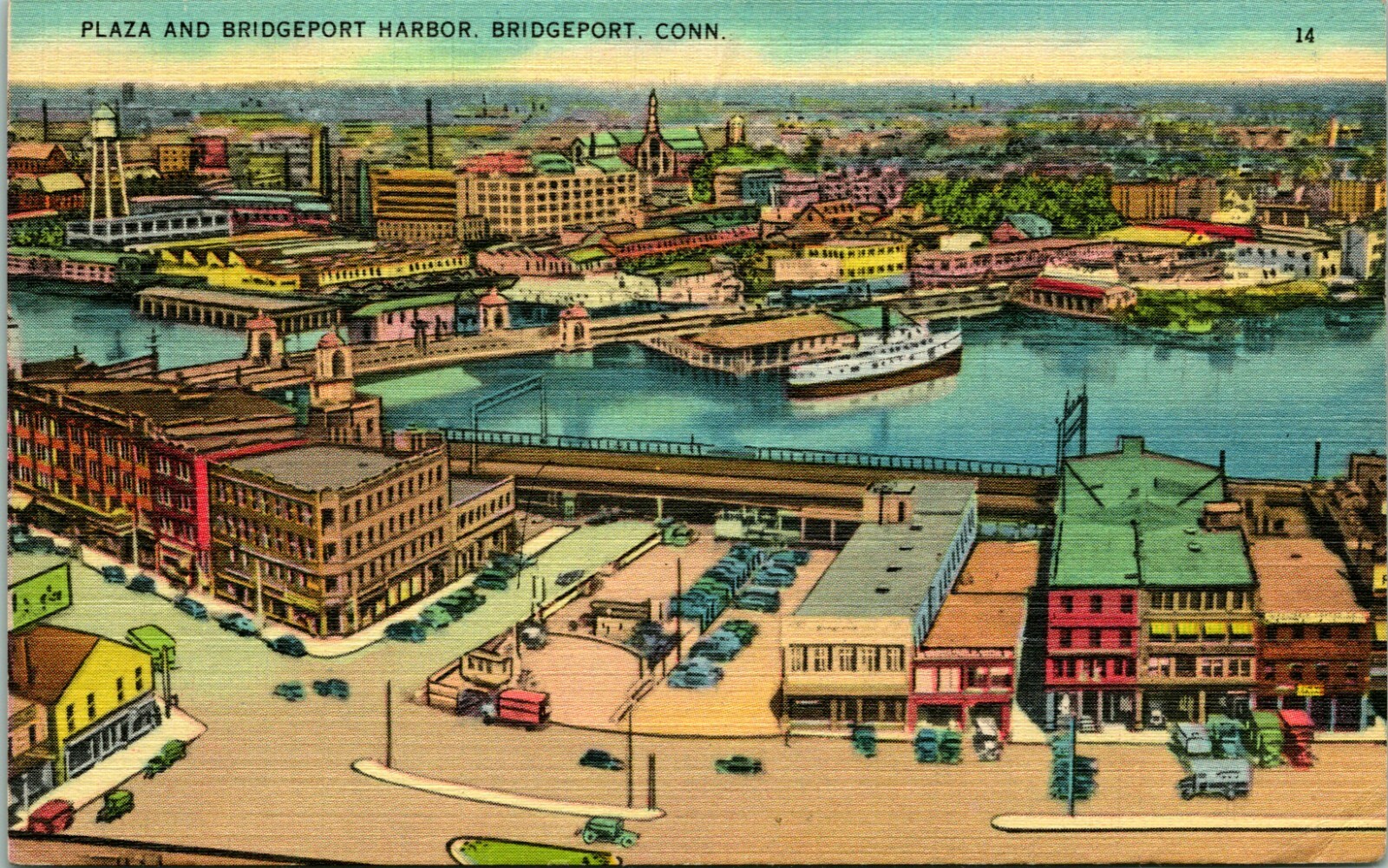 Vtg Linen Postcard – Bridgeport Connecticut CT Plaza Harbor Buildings Old Cars