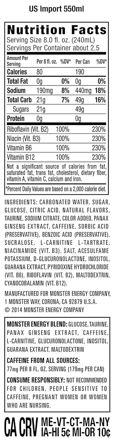 Monster Energy Import, Energy Drink, 18.6 Ounce (Pack of 12)