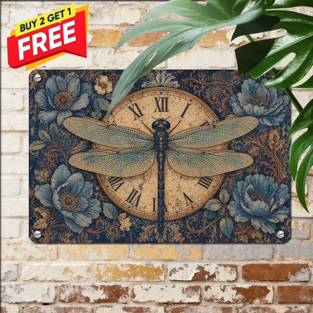 What If You Fly Dragonfly Clock Blue Floral Metal Sign Vintage Quote Decor