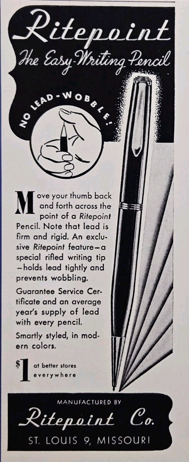 1946 Ritepoint Easy-Writing Pencil Print Ad – St Louis MO No Lead-Wobble