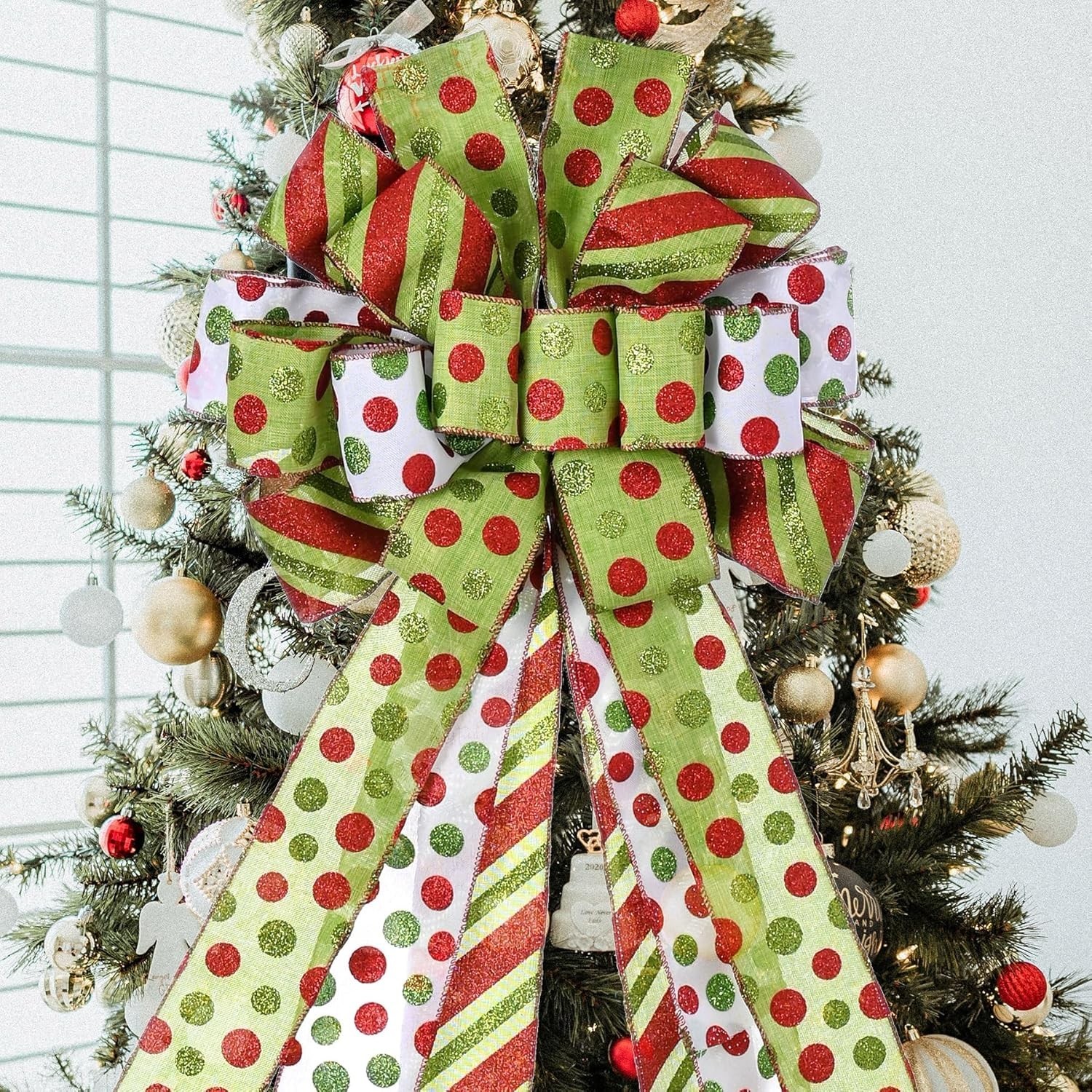 Christmas Tree Topper Wreath Bow Large Green Christmas Bow Tree Topper, Red G…