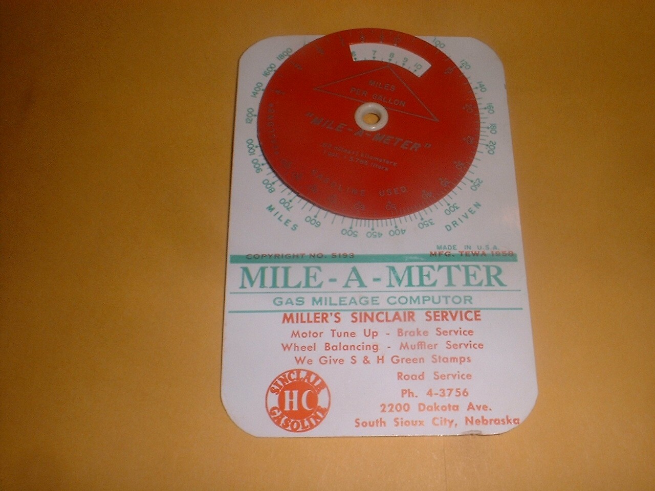 Sinclair Gasoline Mile-A-Meter Gas Mileage Computor 1958 Gas Station Giveaway