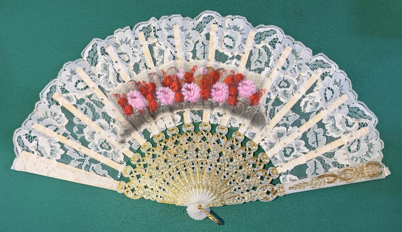 Vintage Spanish Victorian Lace Hand Fan with Pink Floral Garden Design, 10″x17″