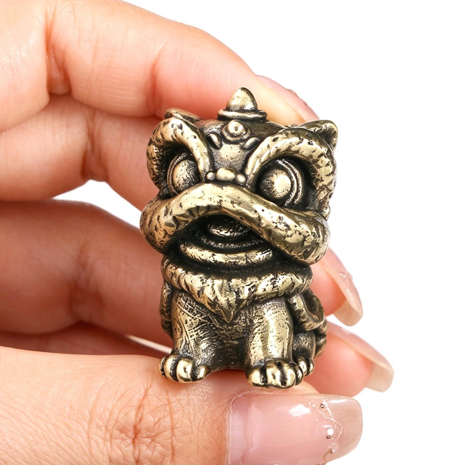 Vintage Solid Brass Chinese Lion Figurine Set, Dance Lion Head Statue Ornament