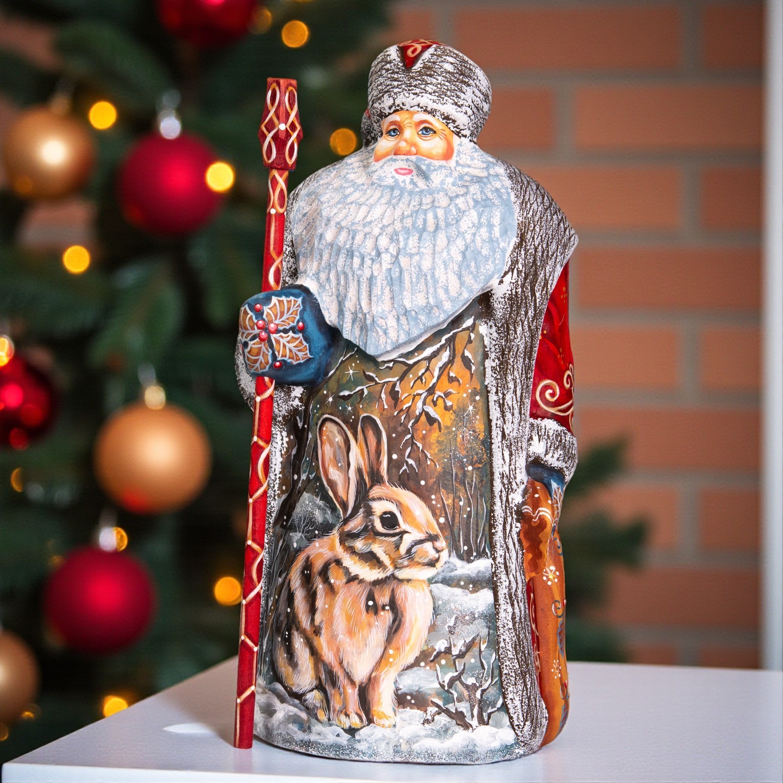Wooden Santa with Rabbit Scene 9.5 in, Hand Carved, Christmas Mantel Decor