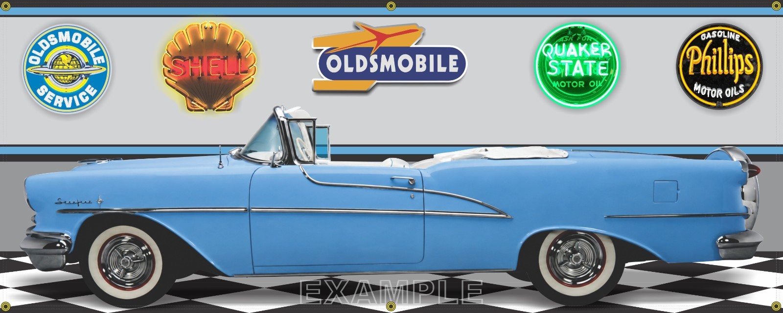1955 OLDSMOBILE STARFIRE TWILIGHT BLUE CONVERTIBLE SCENE BANNER SIGN MURAL