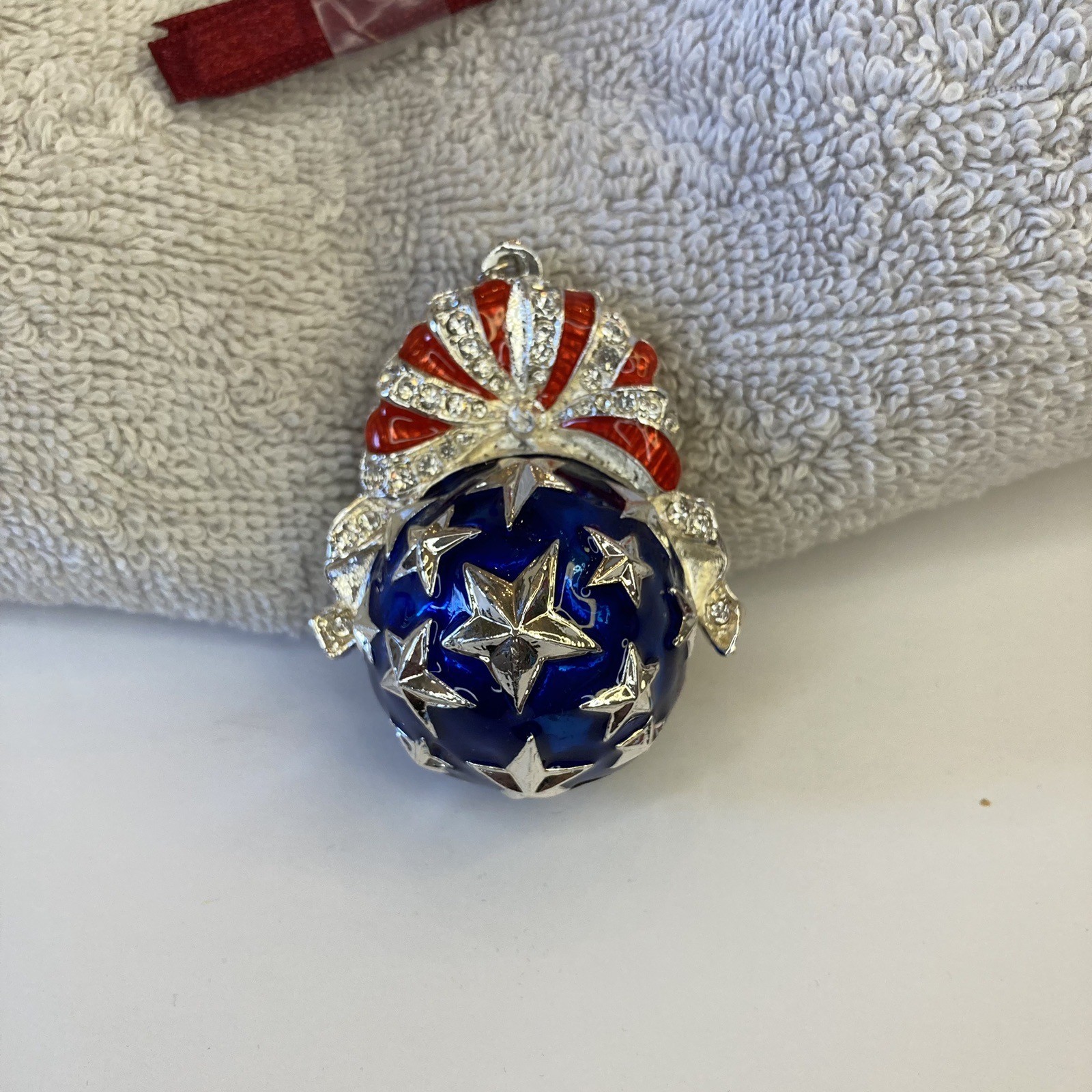 Patriotic Red White & Blue Star Spangled Ball Ornament Enamel Silver USA’s 250th