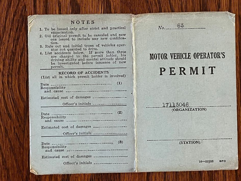 Motor Vehicle Operator’s Permit World War II December 1943