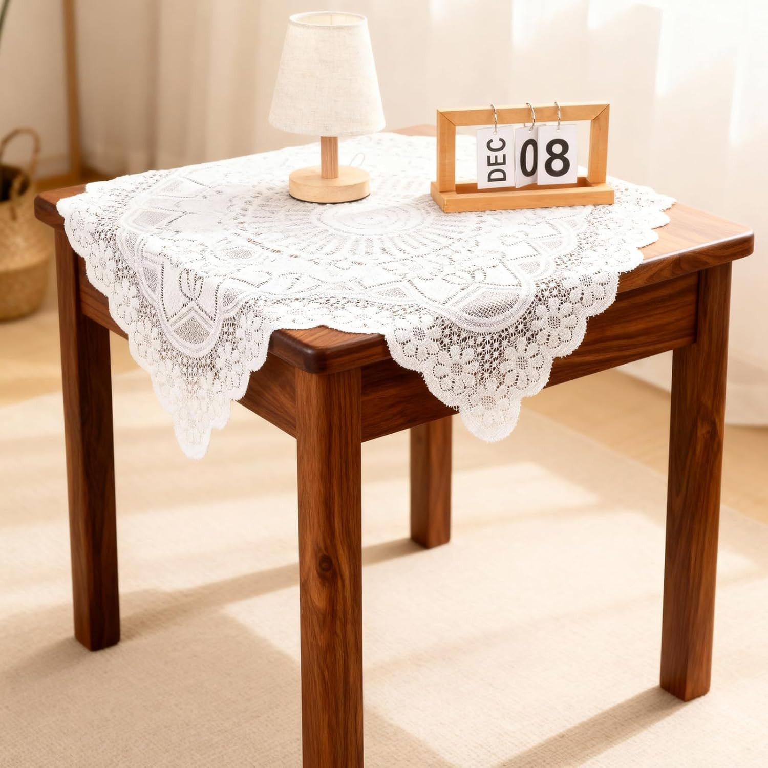 35X35 Inch Square Lace Tablecloth, White Embroidered Vintage Floral Coffee Table