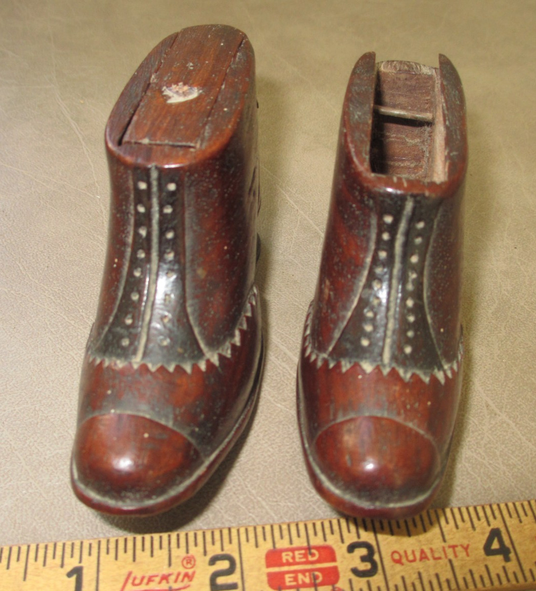 Antique 19thC Carved Treen Shoe Shaped Snuff Box Pair of Shoes Victorian