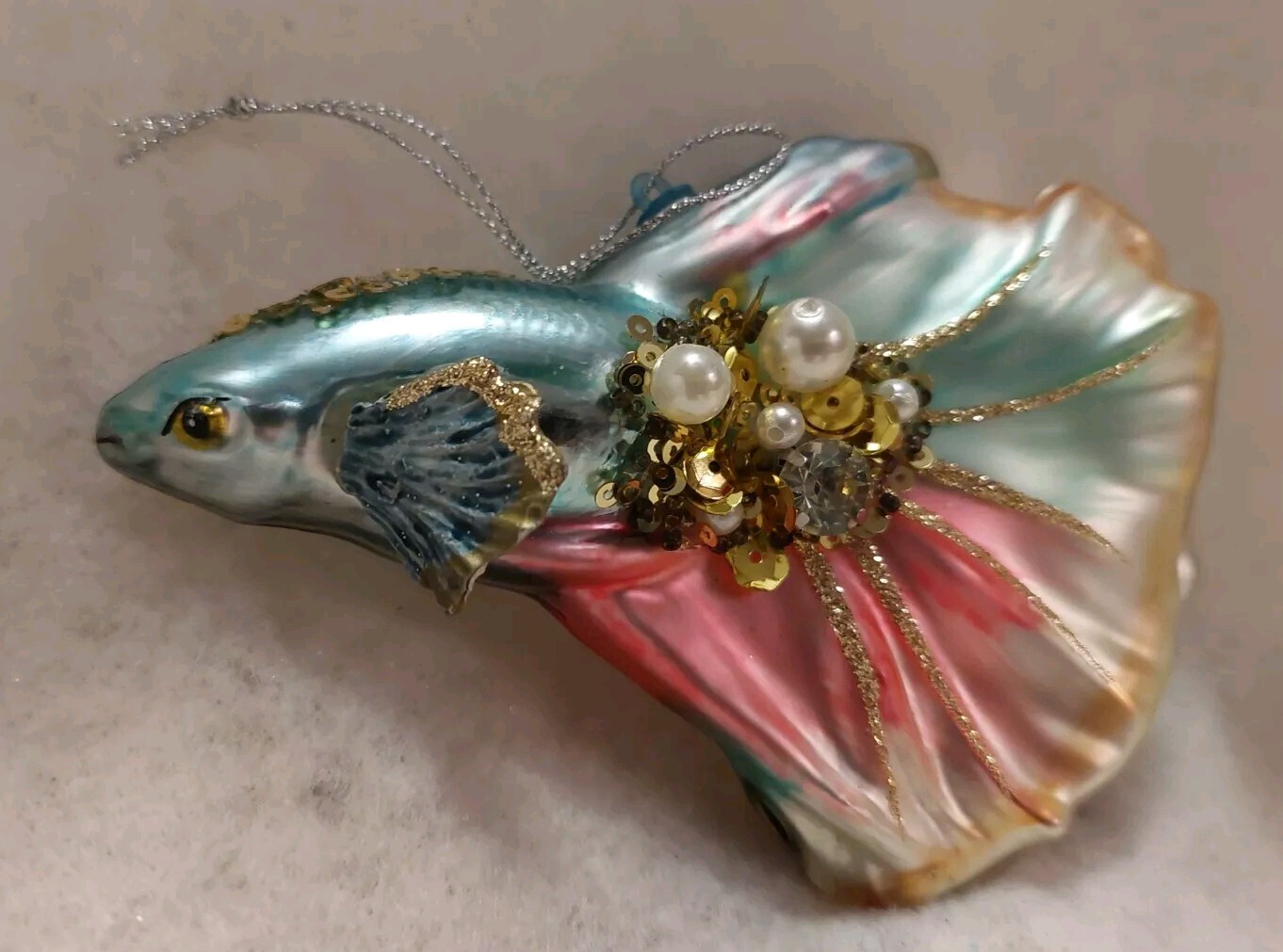 Robert Stanley Ornate Glass Beta Fish Christmas Ornament Jeweled Beaded Glitter