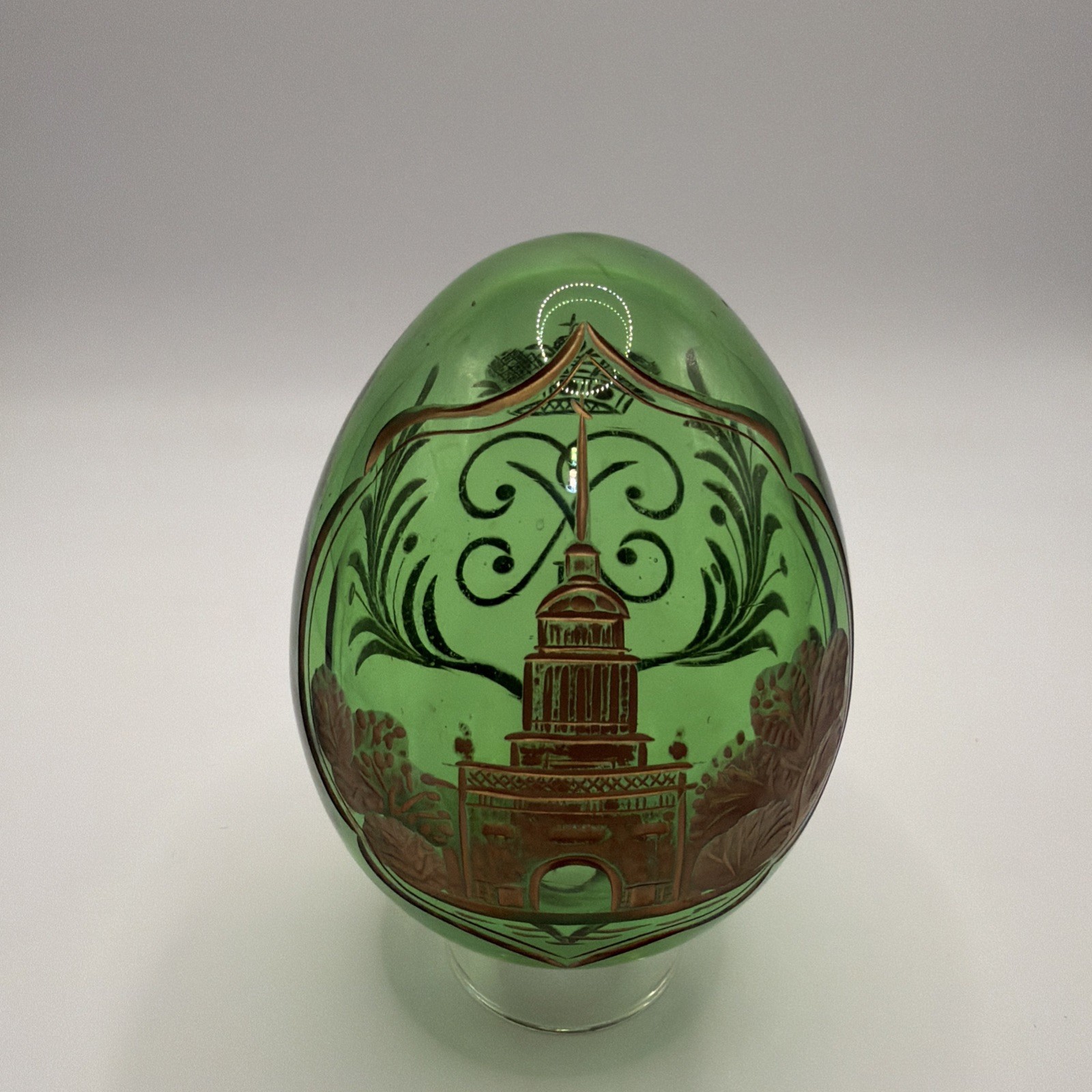 Vintage Imperial Russian 4” Green Gilt Cut Glass Egg Admiralty Bldg , Nice